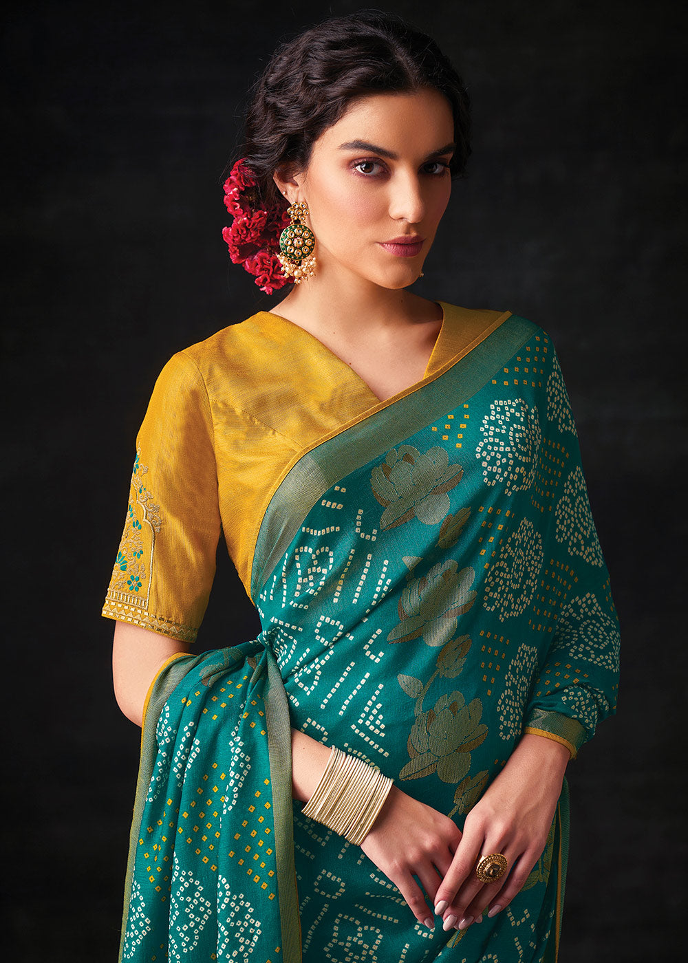 TEAL GREEN WOVEN PURE BRASSO CHIFFON SAREE WITH EMBROIDERED SILK BLOUSE