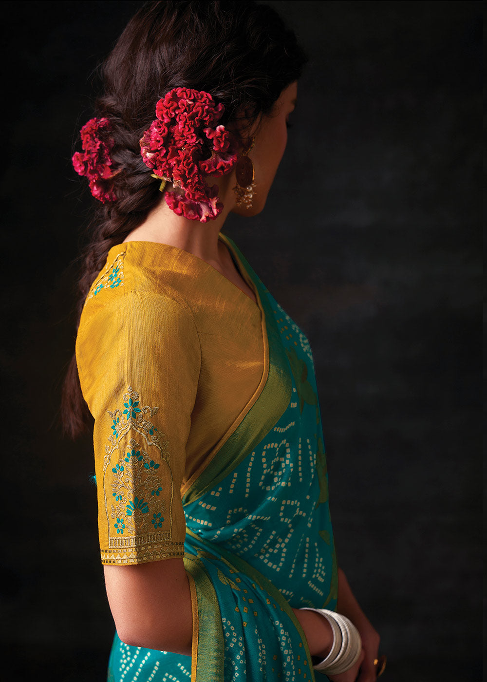 TEAL GREEN WOVEN PURE BRASSO CHIFFON SAREE WITH EMBROIDERED SILK BLOUSE