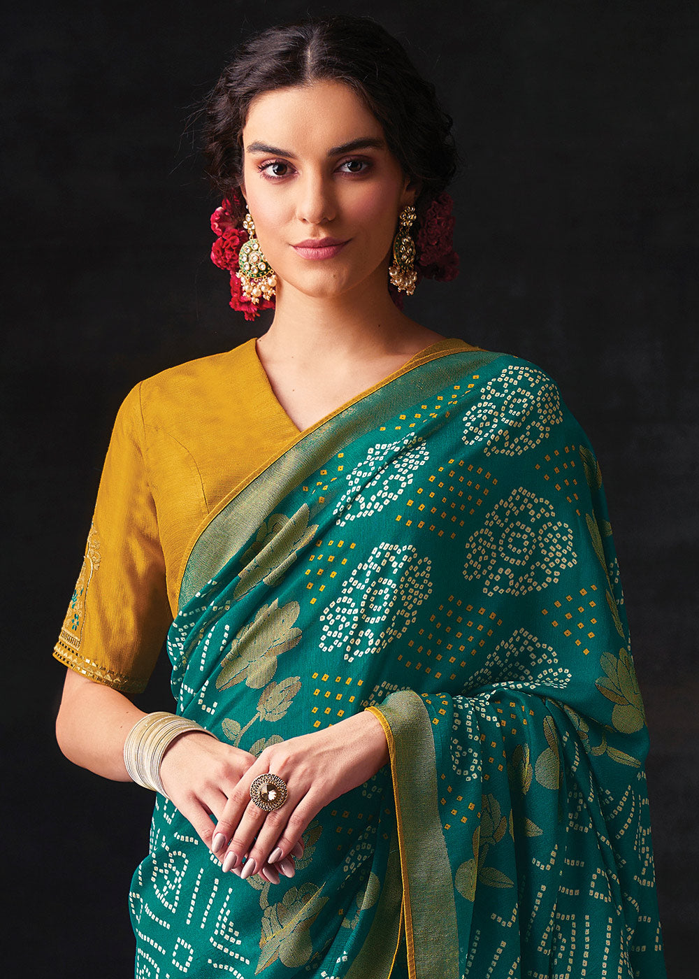 TEAL GREEN WOVEN PURE BRASSO CHIFFON SAREE WITH EMBROIDERED SILK BLOUSE