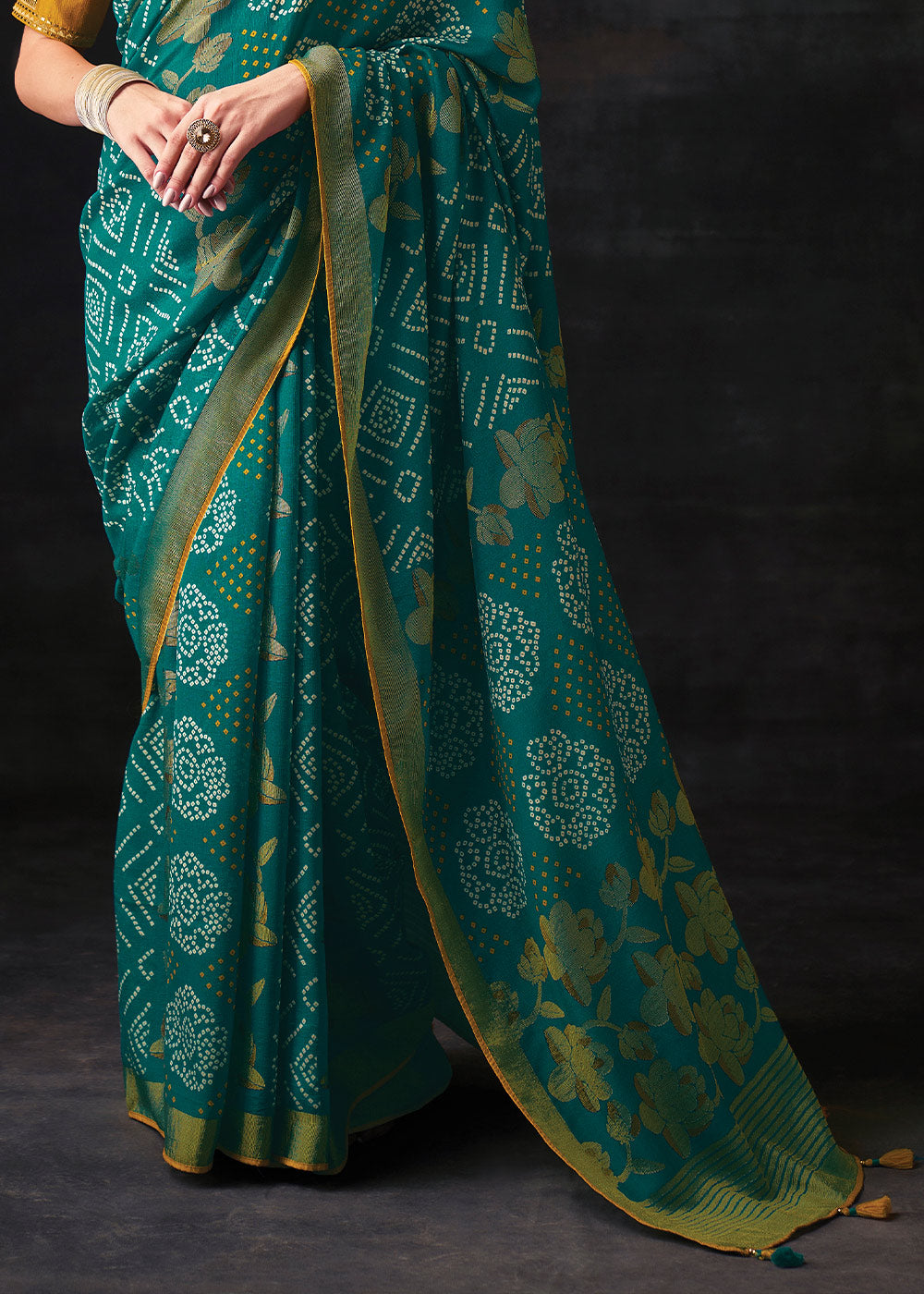 TEAL GREEN WOVEN PURE BRASSO CHIFFON SAREE WITH EMBROIDERED SILK BLOUSE