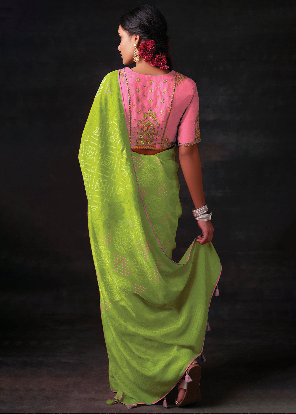 LIME GREEN WOVEN PURE BRASSO CHIFFON SAREE WITH EMBROIDERED SILK BLOUSE