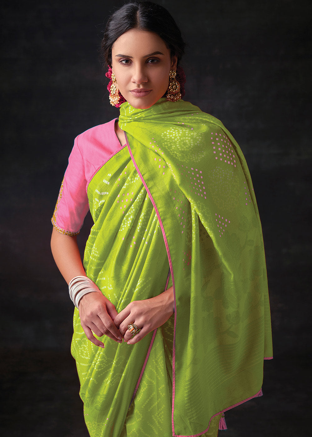 LIME GREEN WOVEN PURE BRASSO CHIFFON SAREE WITH EMBROIDERED SILK BLOUSE