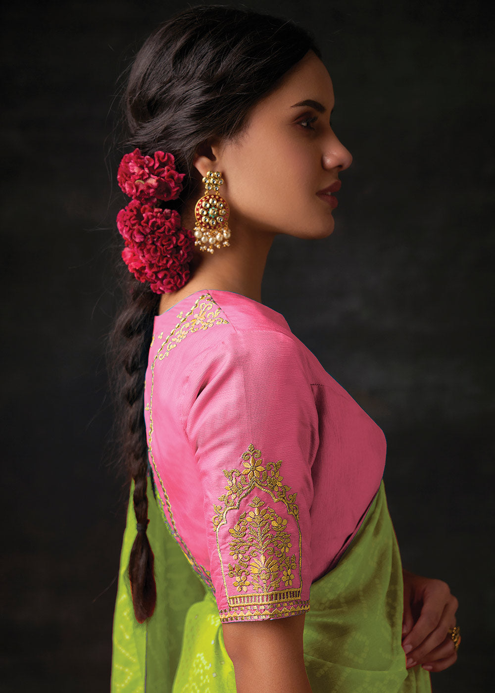 LIME GREEN WOVEN PURE BRASSO CHIFFON SAREE WITH EMBROIDERED SILK BLOUSE