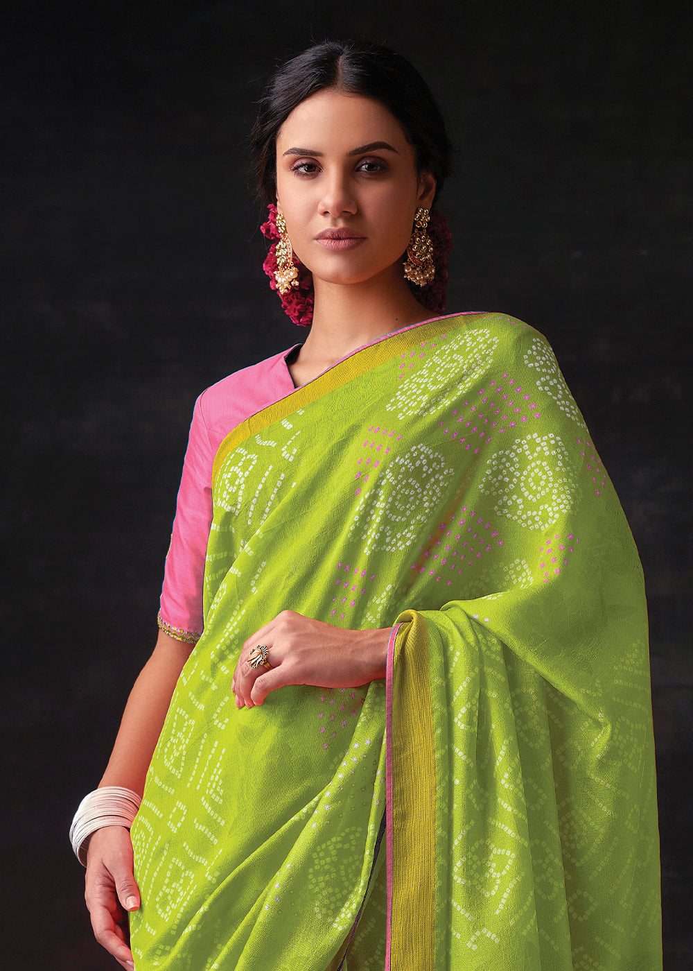 LIME GREEN WOVEN PURE BRASSO CHIFFON SAREE WITH EMBROIDERED SILK BLOUSE