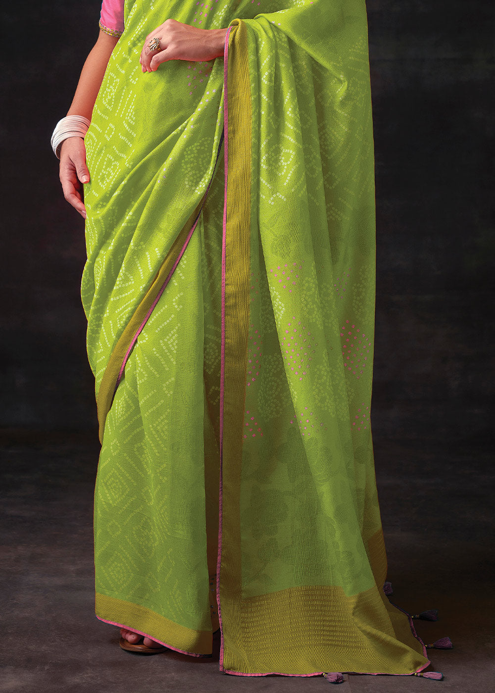 LIME GREEN WOVEN PURE BRASSO CHIFFON SAREE WITH EMBROIDERED SILK BLOUSE