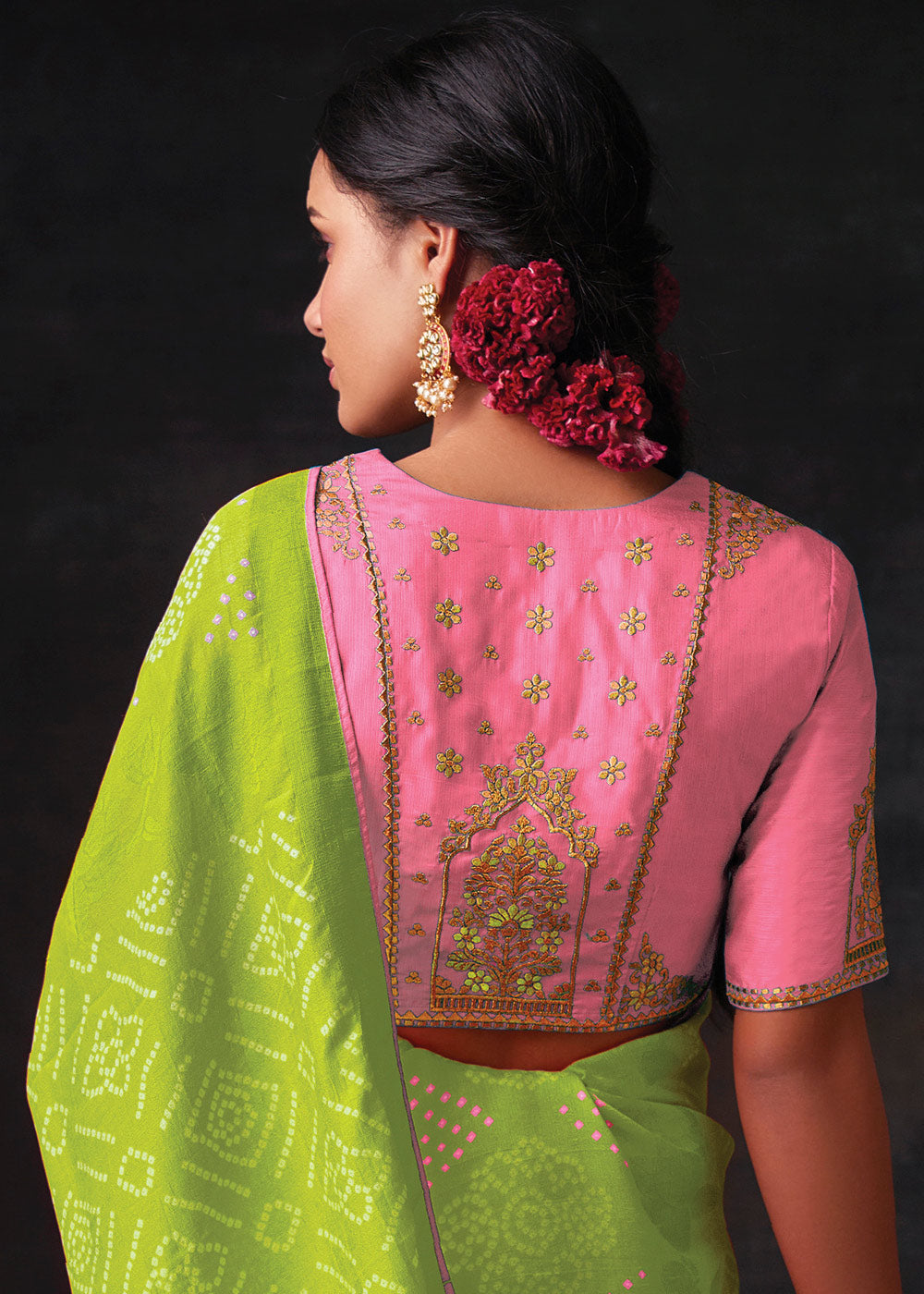 LIME GREEN WOVEN PURE BRASSO CHIFFON SAREE WITH EMBROIDERED SILK BLOUSE