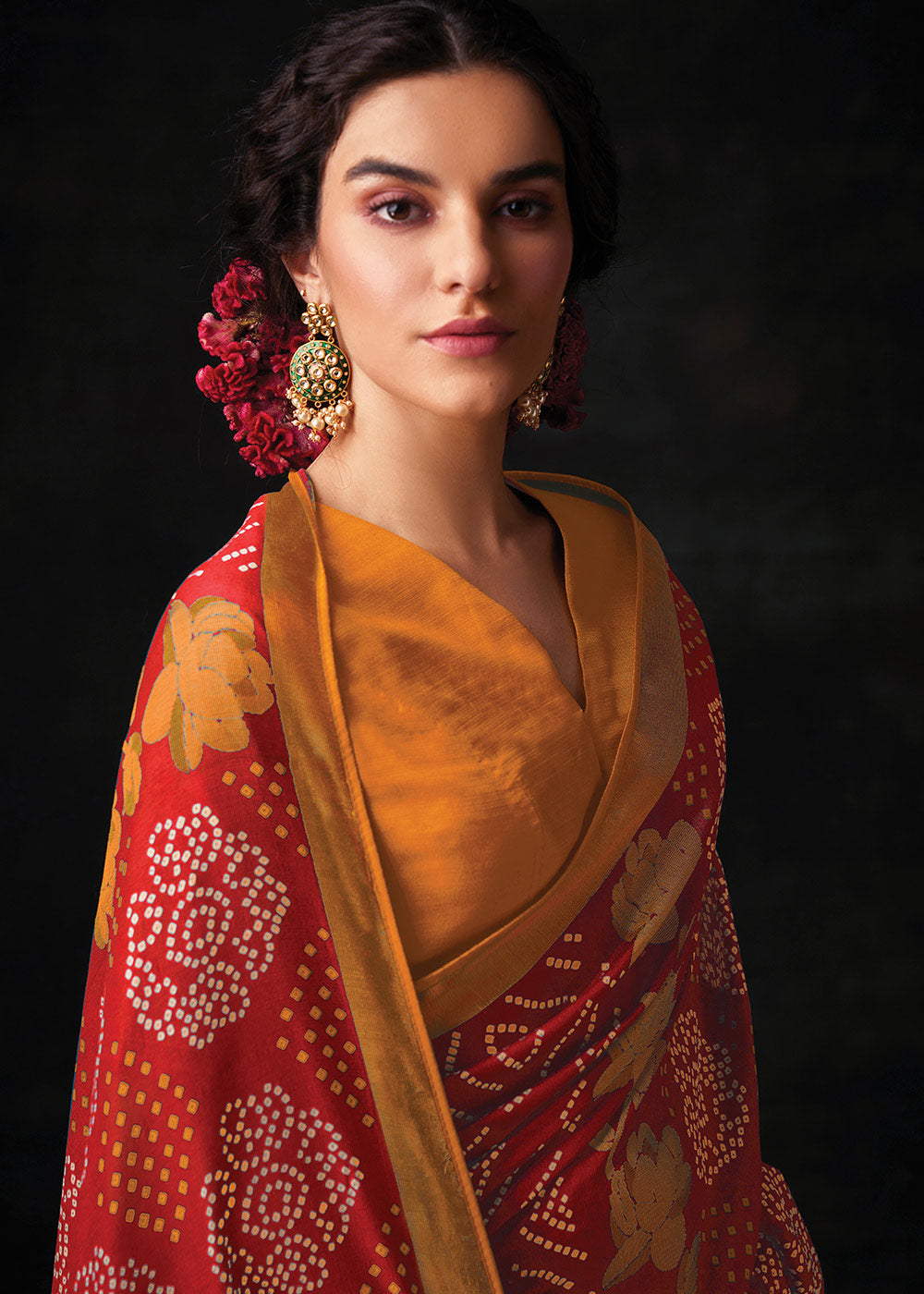 RED	WOVEN PURE BRASSO CHIFFON SAREE WITH EMBROIDERED SILK BLOUSE