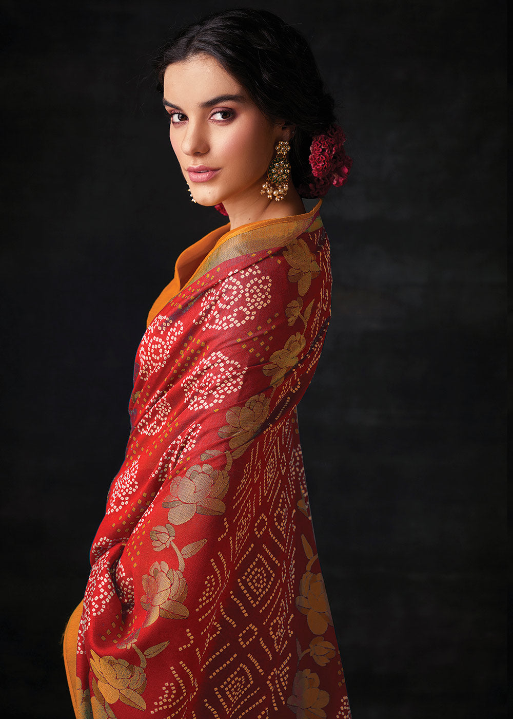 RED	WOVEN PURE BRASSO CHIFFON SAREE WITH EMBROIDERED SILK BLOUSE