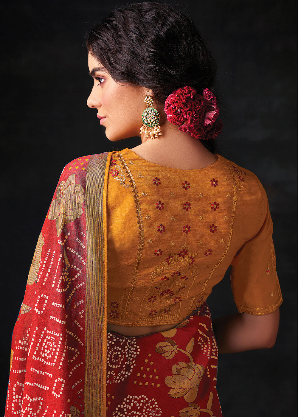 RED	WOVEN PURE BRASSO CHIFFON SAREE WITH EMBROIDERED SILK BLOUSE