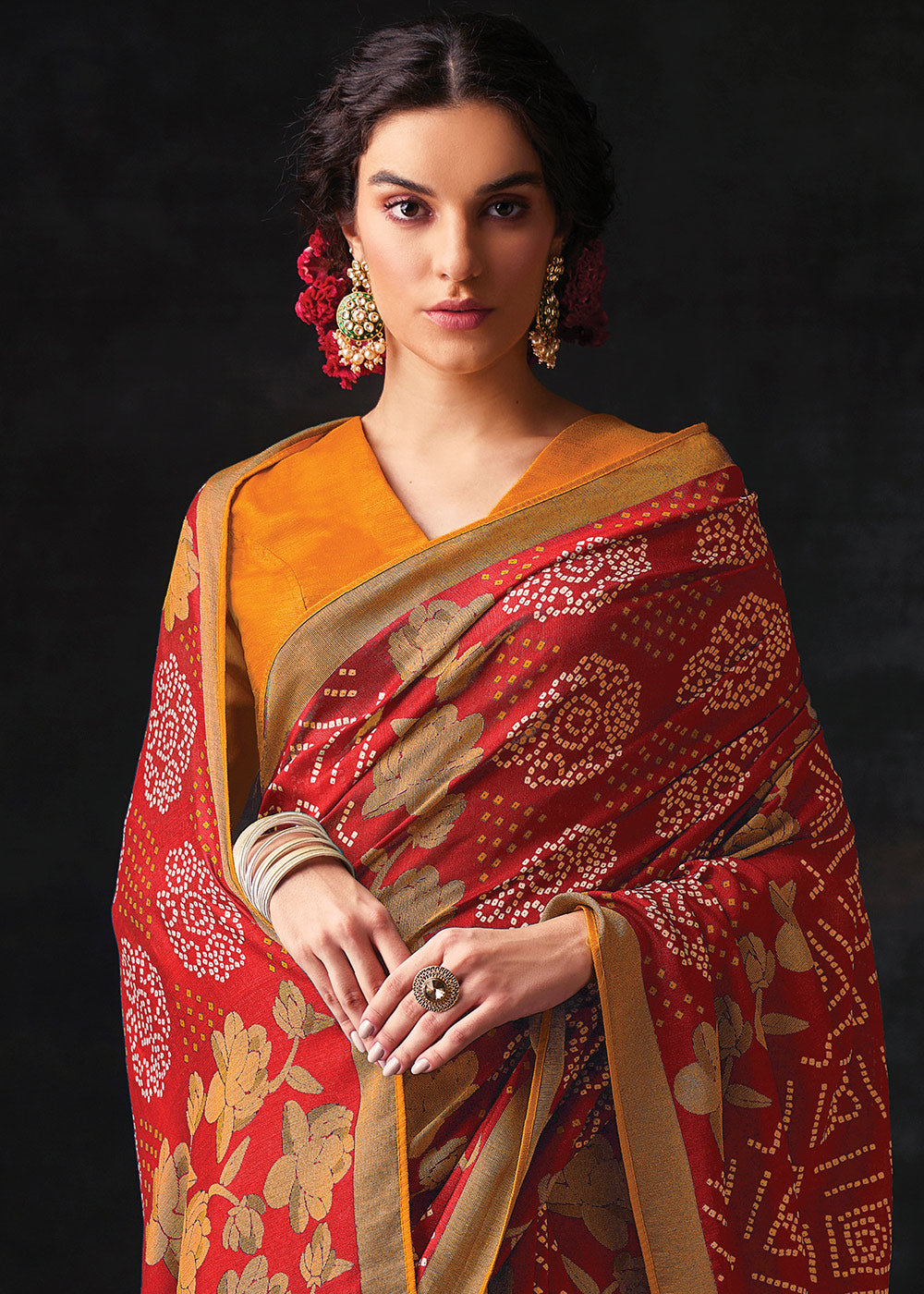 RED	WOVEN PURE BRASSO CHIFFON SAREE WITH EMBROIDERED SILK BLOUSE