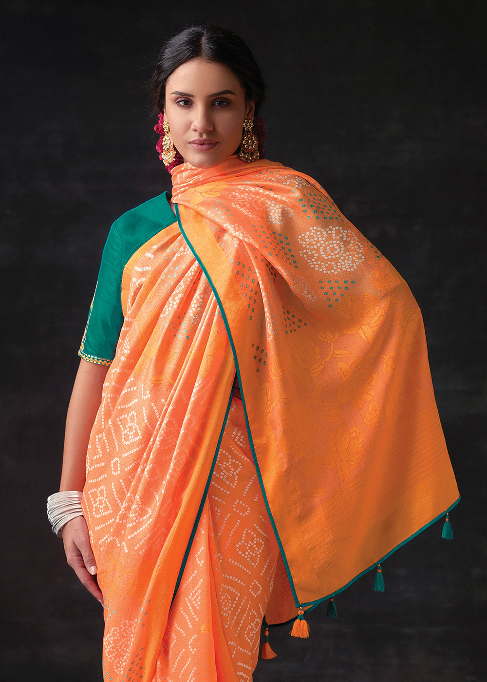 MELON ORANGE WOVEN PURE BRASSO CHIFFON SAREE WITH EMBROIDERED SILK BLOUSE