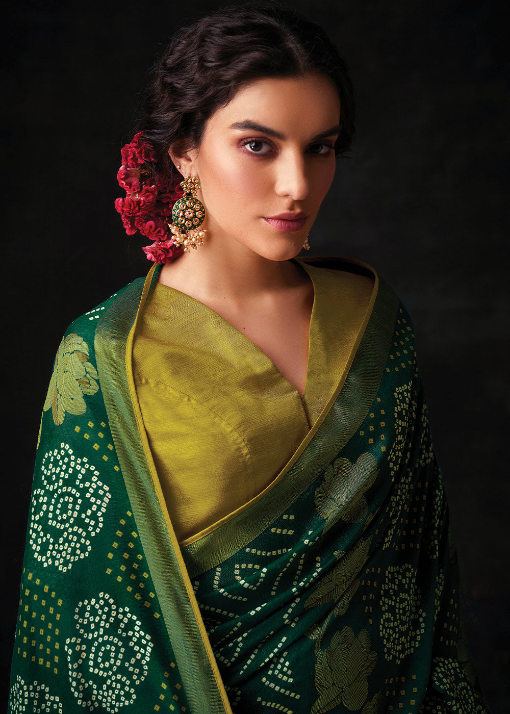 BOTTLE GREEN WOVEN PURE BRASSO CHIFFON SAREE WITH EMBROIDERED SILK BLOUSE