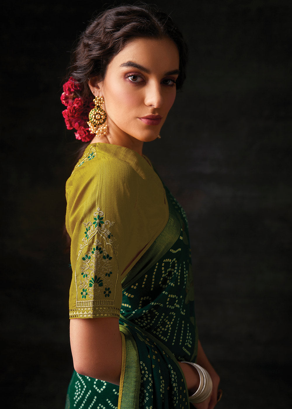 BOTTLE GREEN WOVEN PURE BRASSO CHIFFON SAREE WITH EMBROIDERED SILK BLOUSE