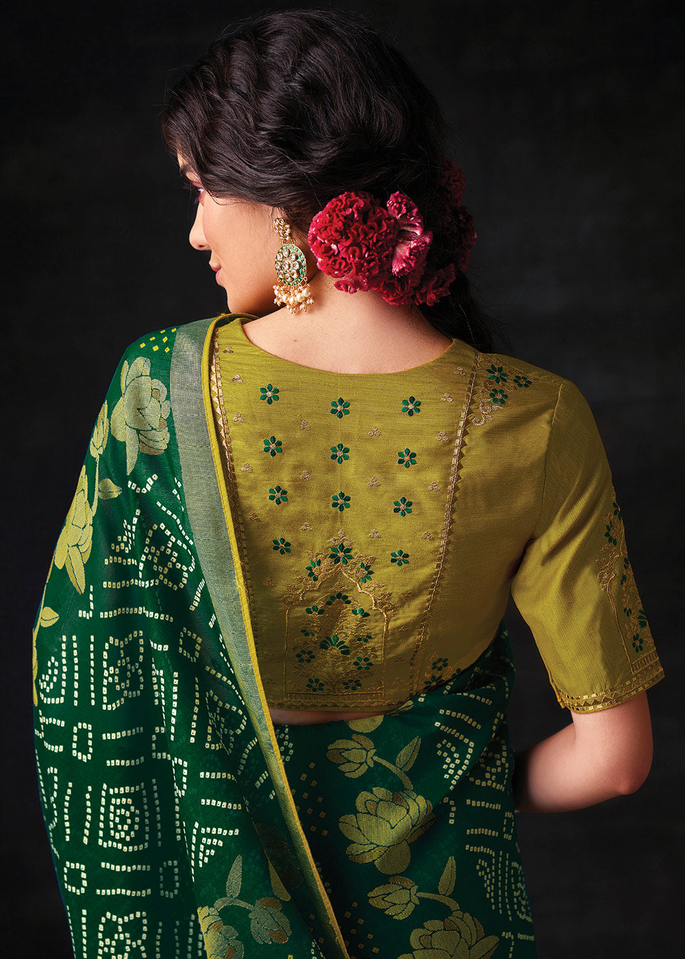 BOTTLE GREEN WOVEN PURE BRASSO CHIFFON SAREE WITH EMBROIDERED SILK BLOUSE