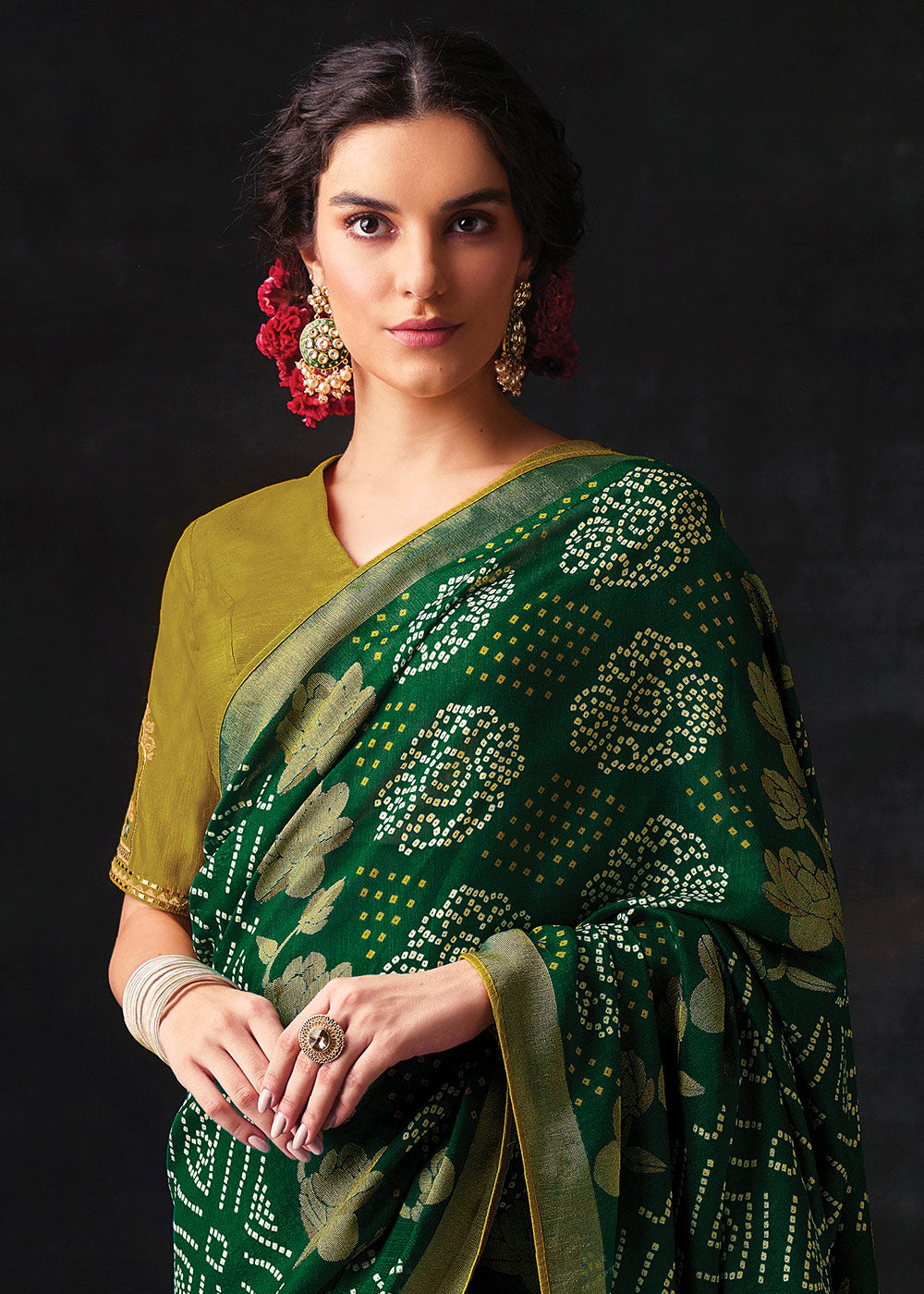 BOTTLE GREEN WOVEN PURE BRASSO CHIFFON SAREE WITH EMBROIDERED SILK BLOUSE