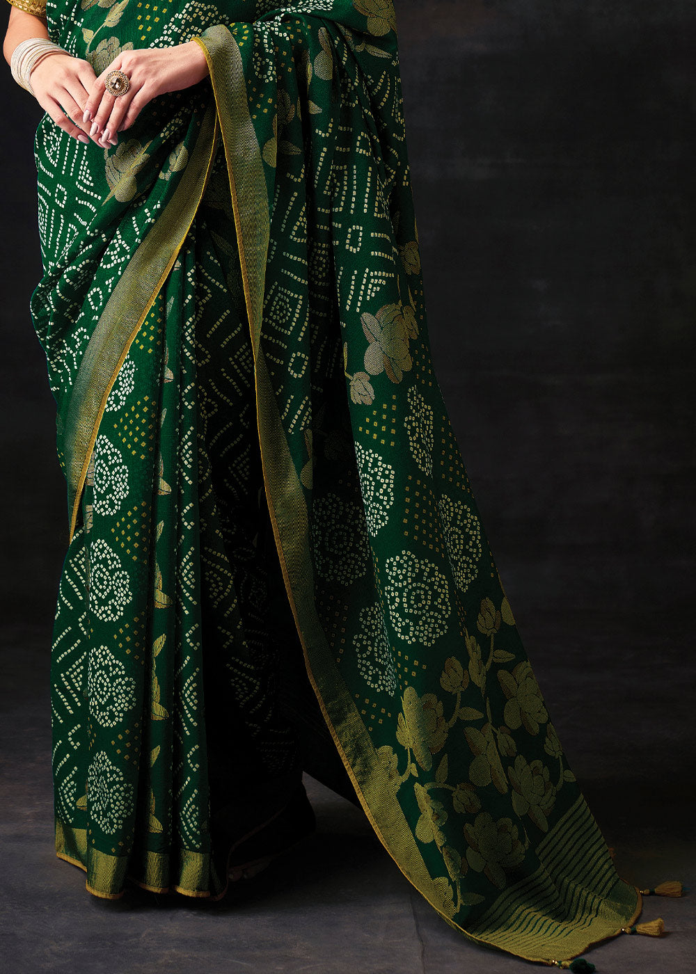 BOTTLE GREEN WOVEN PURE BRASSO CHIFFON SAREE WITH EMBROIDERED SILK BLOUSE