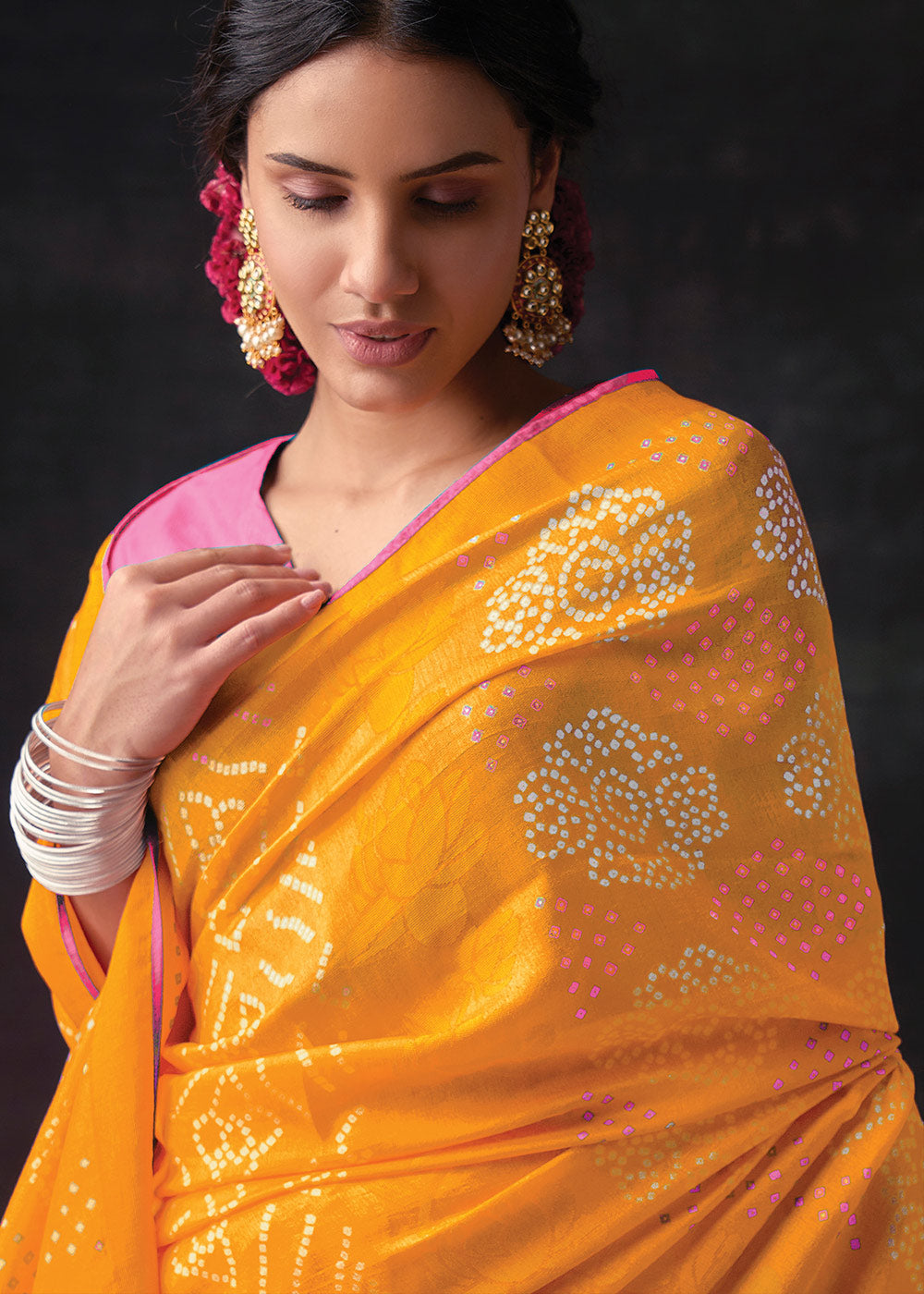 MUSTARD YELLOW  WOVEN PURE BRASSO CHIFFON SAREE WITH EMBROIDERED SILK BLOUSE