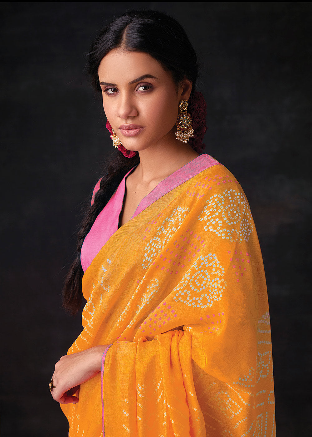 MUSTARD YELLOW  WOVEN PURE BRASSO CHIFFON SAREE WITH EMBROIDERED SILK BLOUSE