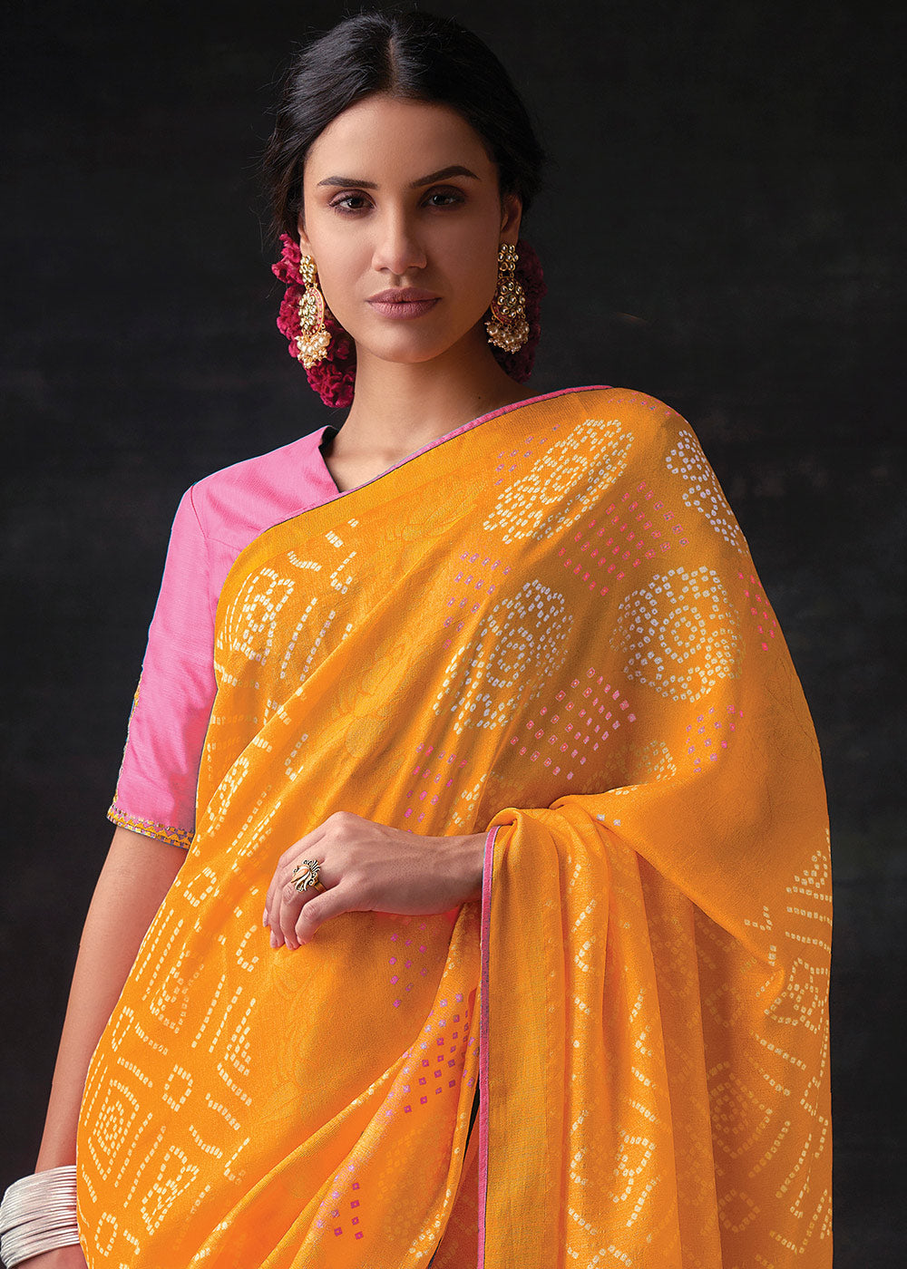 MUSTARD YELLOW  WOVEN PURE BRASSO CHIFFON SAREE WITH EMBROIDERED SILK BLOUSE