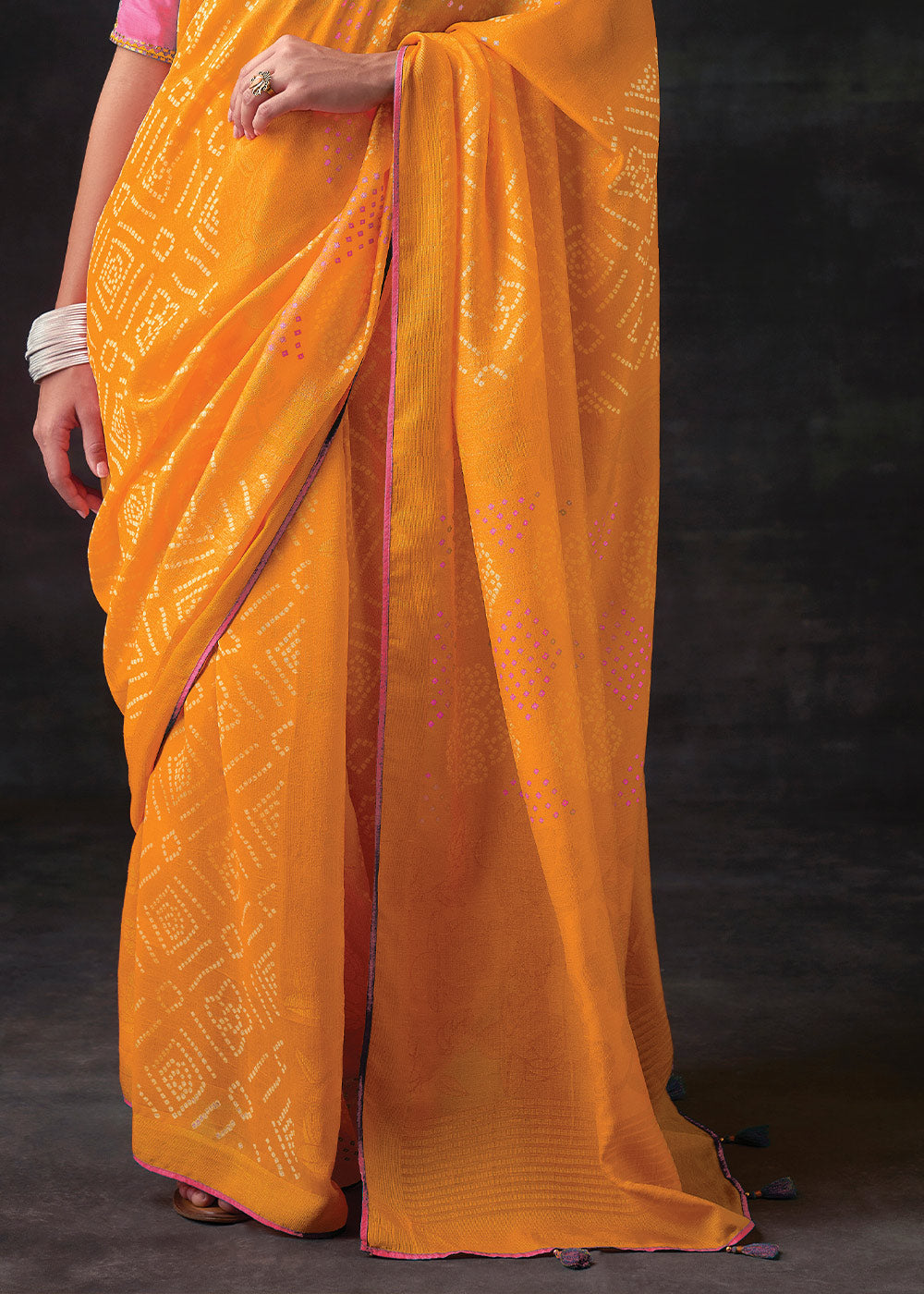 MUSTARD YELLOW  WOVEN PURE BRASSO CHIFFON SAREE WITH EMBROIDERED SILK BLOUSE