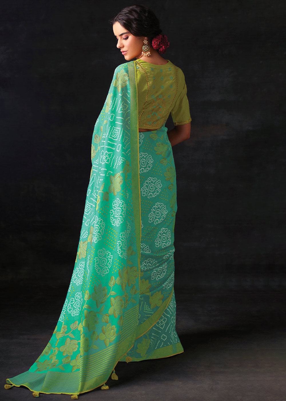 SEAFOAM GREEN  WOVEN PURE BRASSO CHIFFON SAREE WITH EMBROIDERED SILK BLOUSE