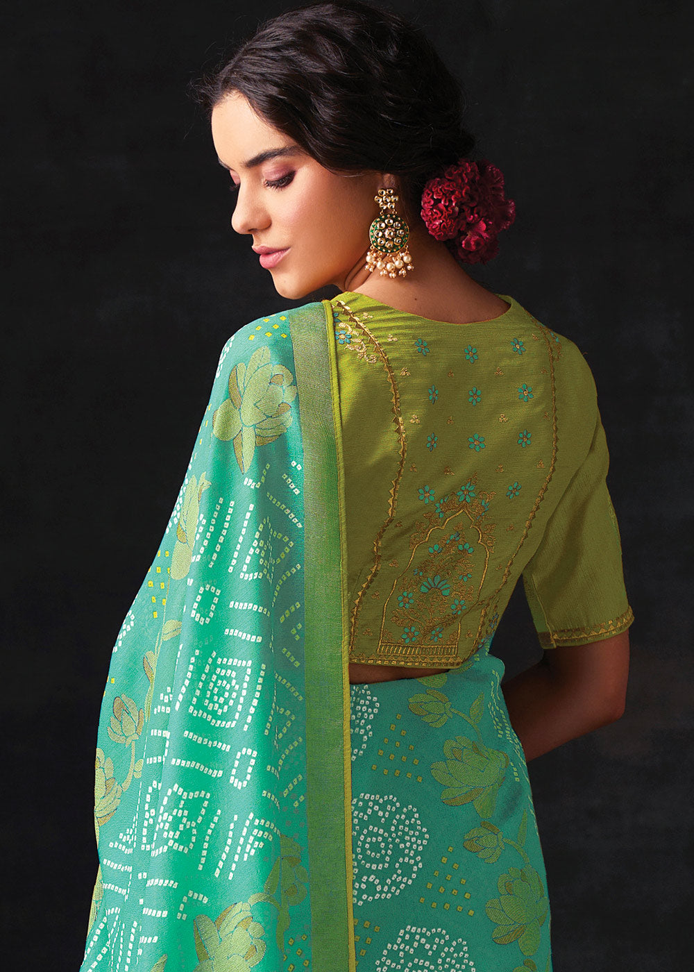 SEAFOAM GREEN  WOVEN PURE BRASSO CHIFFON SAREE WITH EMBROIDERED SILK BLOUSE