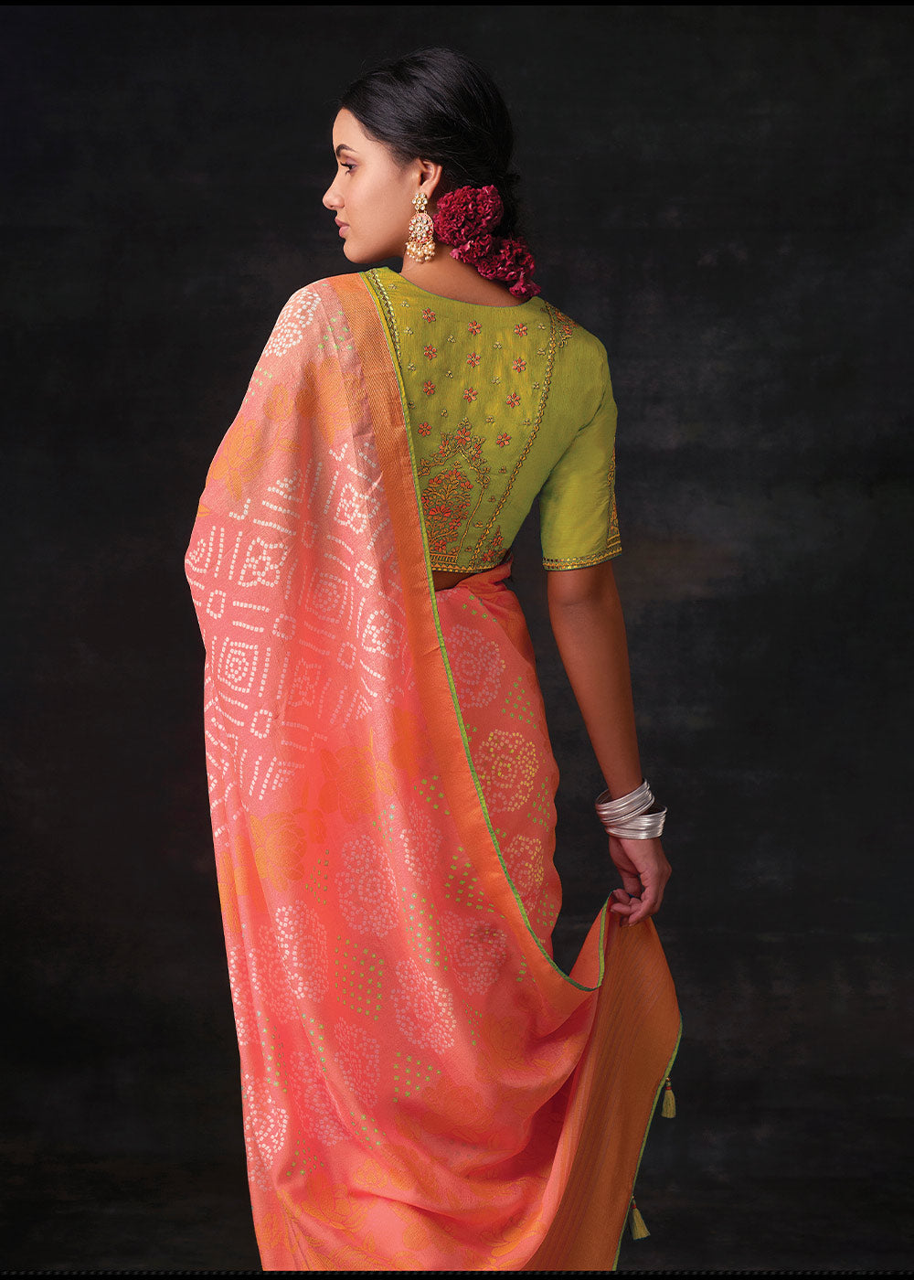 SALMON ORANGE 	WOVEN PURE BRASSO CHIFFON SAREE WITH EMBROIDERED SILK BLOUSE