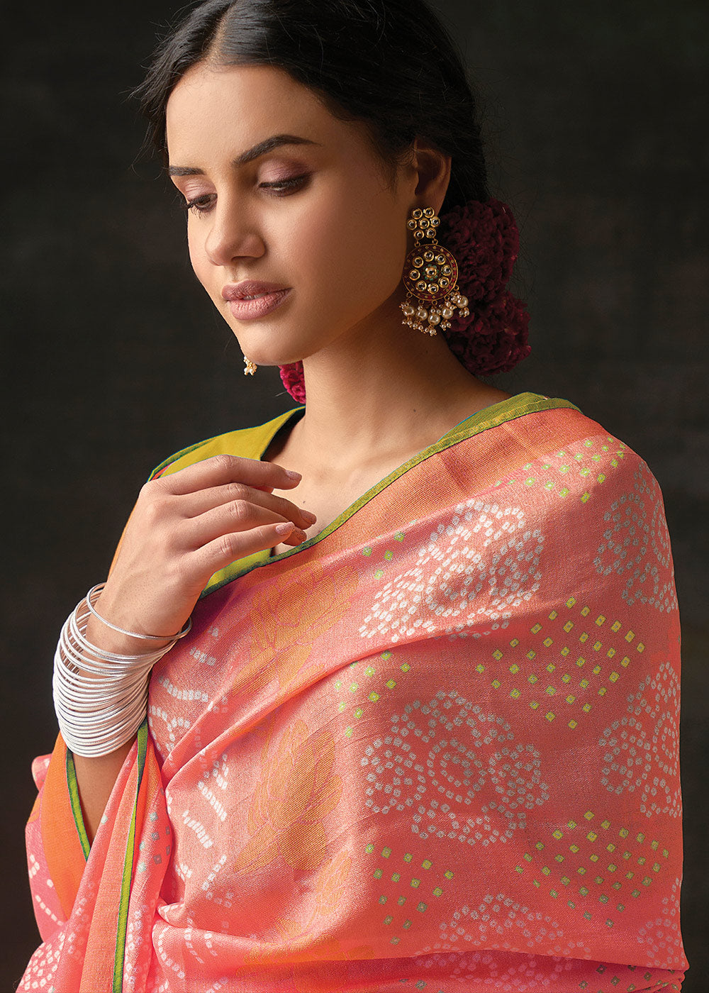 SALMON ORANGE 	WOVEN PURE BRASSO CHIFFON SAREE WITH EMBROIDERED SILK BLOUSE