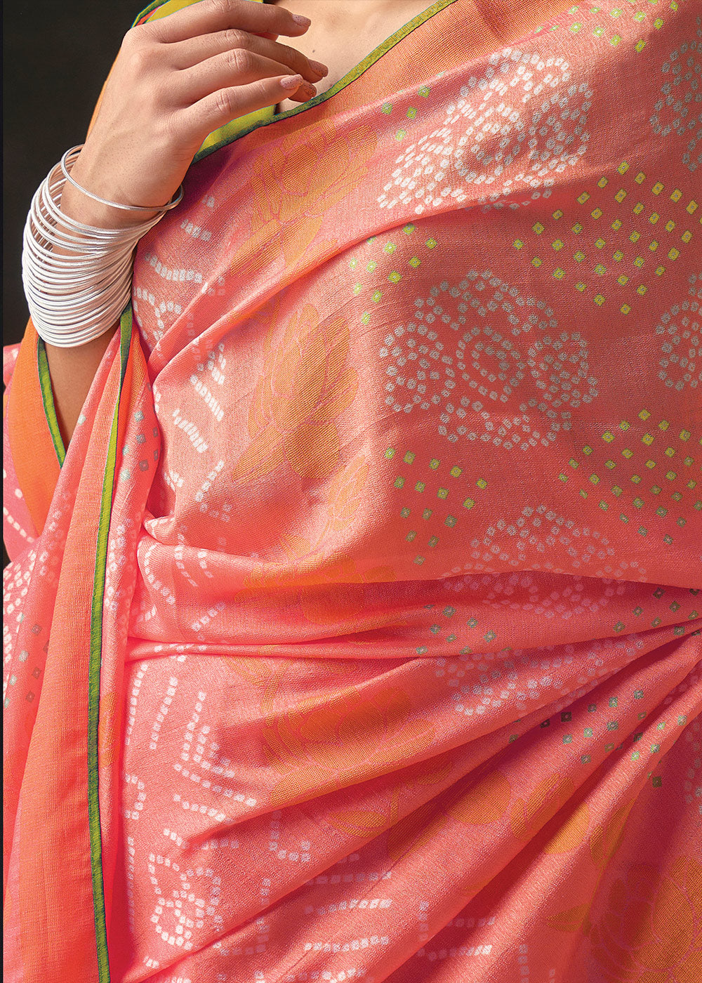 SALMON ORANGE 	WOVEN PURE BRASSO CHIFFON SAREE WITH EMBROIDERED SILK BLOUSE