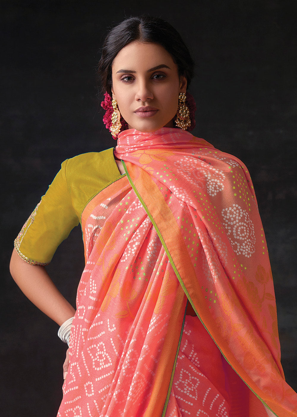 SALMON ORANGE 	WOVEN PURE BRASSO CHIFFON SAREE WITH EMBROIDERED SILK BLOUSE