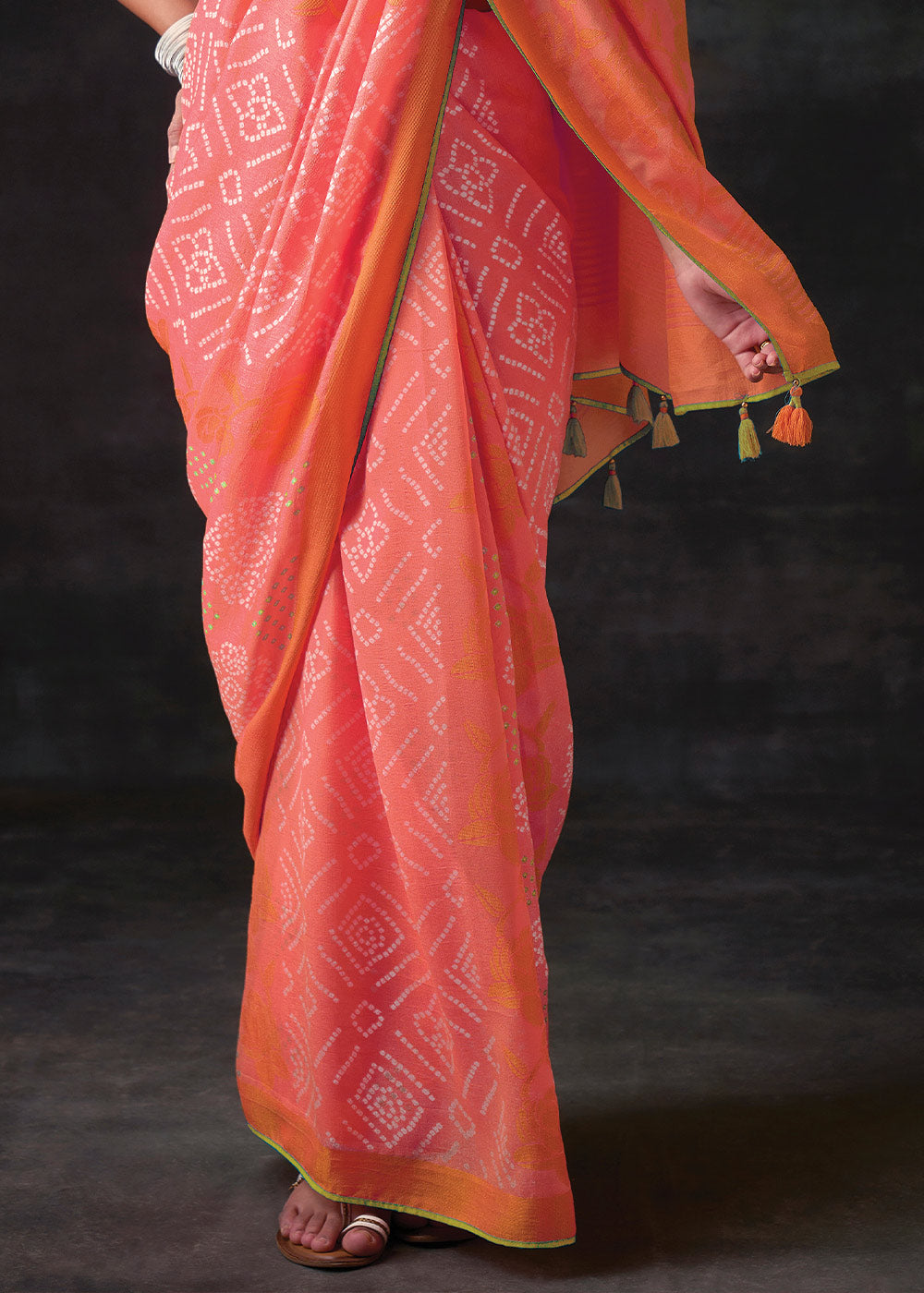 SALMON ORANGE 	WOVEN PURE BRASSO CHIFFON SAREE WITH EMBROIDERED SILK BLOUSE