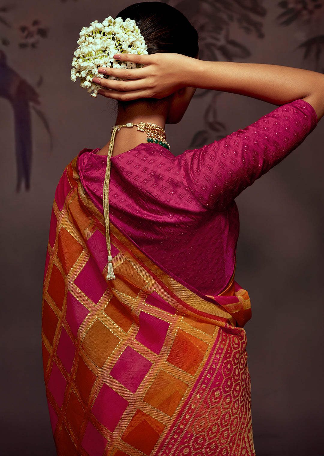 ORANGE AND PINK WOVEN PURE BRASSO CHIFFON SAREE WITH BROCADE BLOUSE