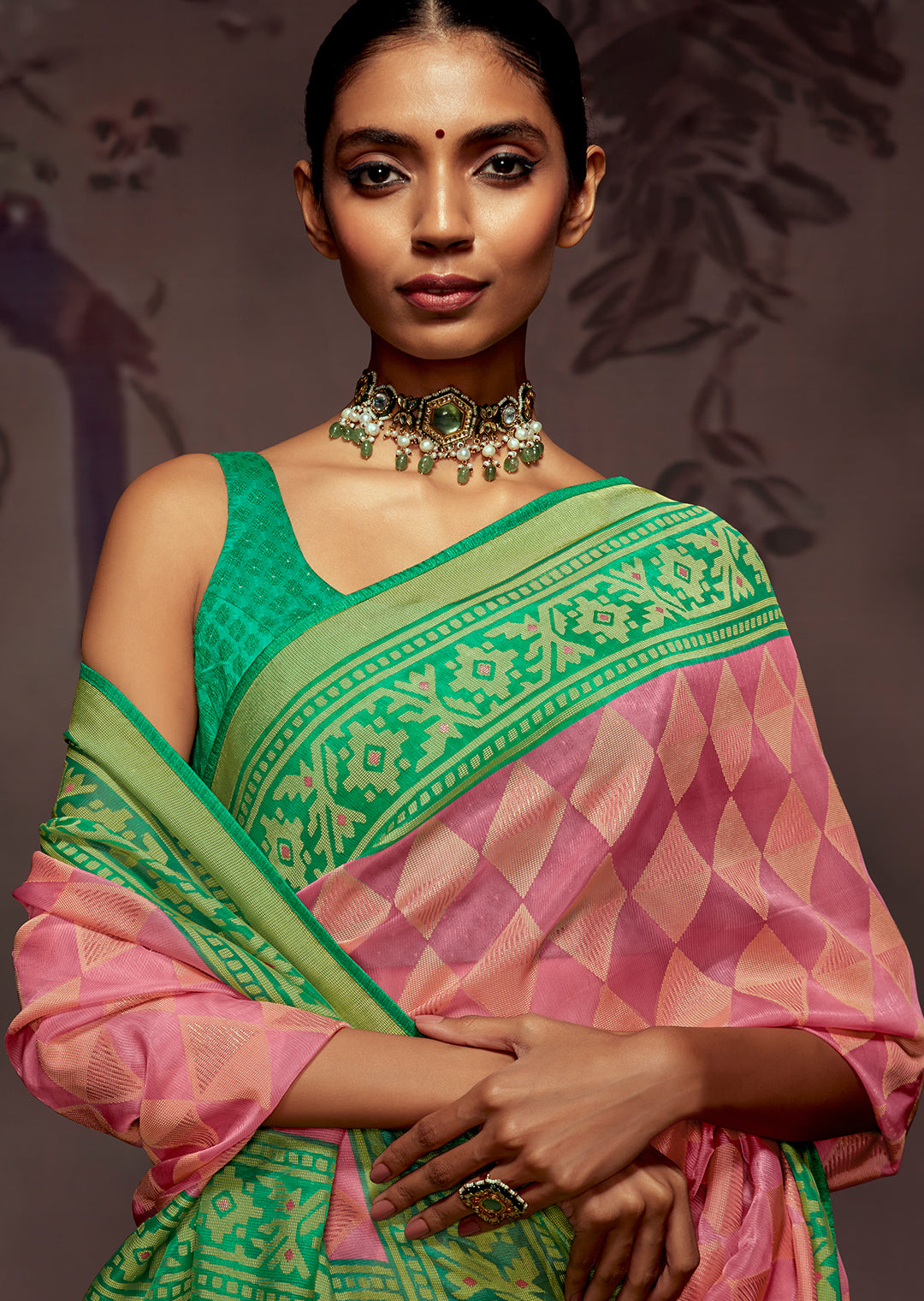 CARNATION PINK WOVEN PURE BRASSO CHIFFON SAREE WITH BROCADE BLOUSE