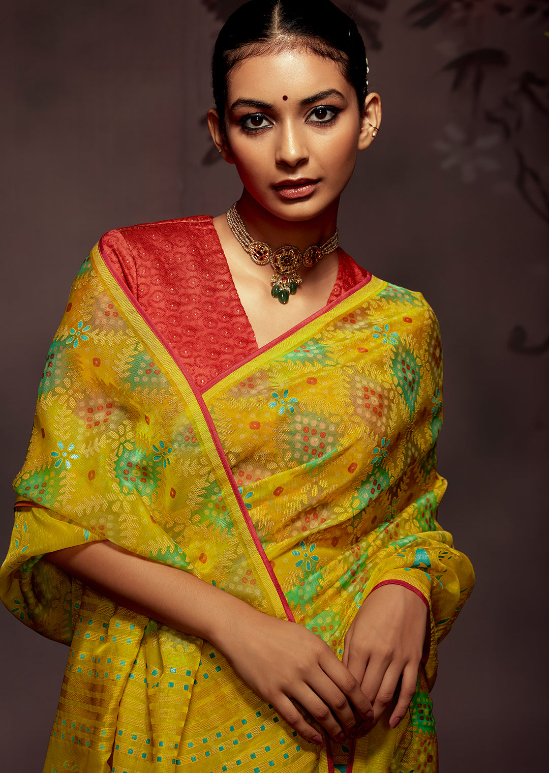 CORN YELLOW WOVEN PURE BRASSO CHIFFON SAREE WITH BROCADE BLOUSE