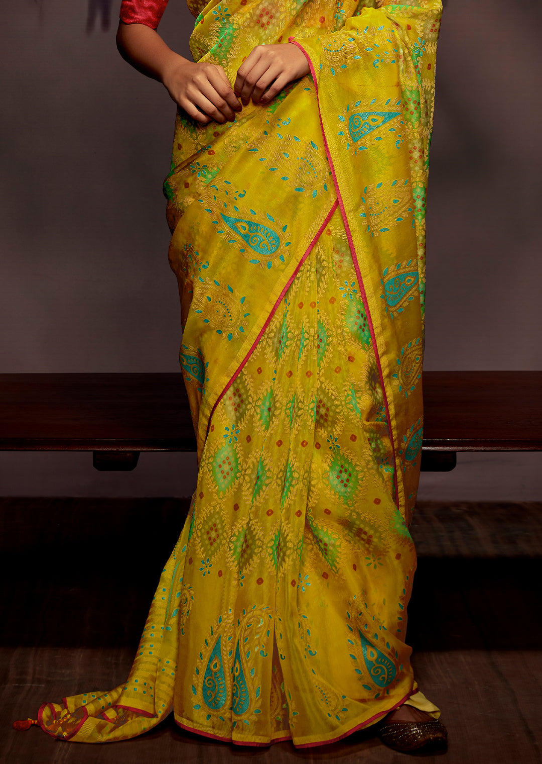 CORN YELLOW WOVEN PURE BRASSO CHIFFON SAREE WITH BROCADE BLOUSE