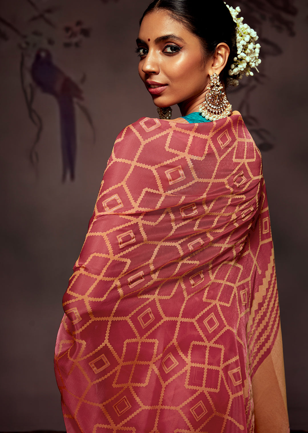 ROUGH PINK WOVEN PURE BRASSO CHIFFON SAREE WITH BROCADE BLOUSE