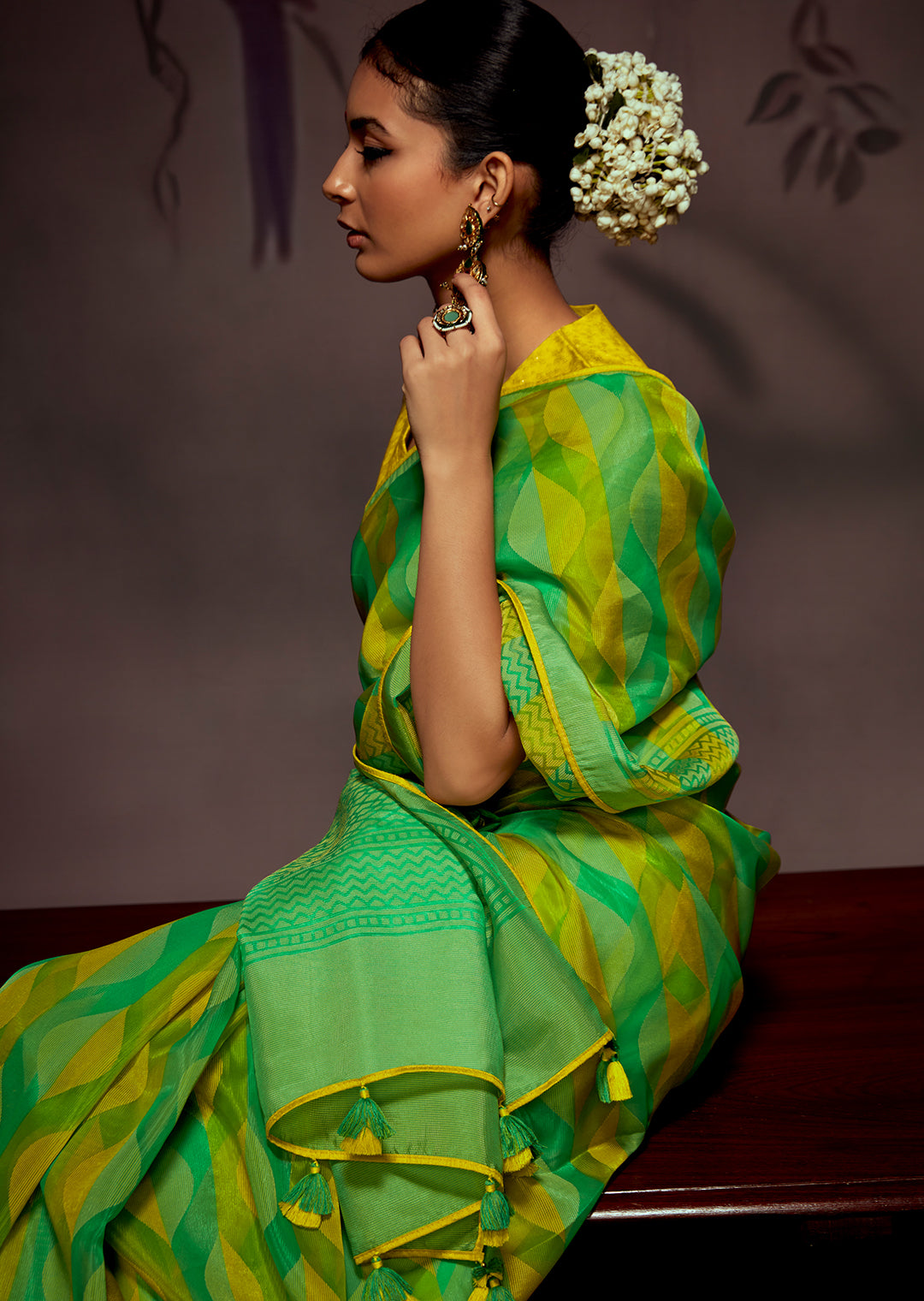 LIME GREEN AND YELLOW WOVEN PURE BRASSO CHIFFON SAREE WITH BROCADE BLOUSE