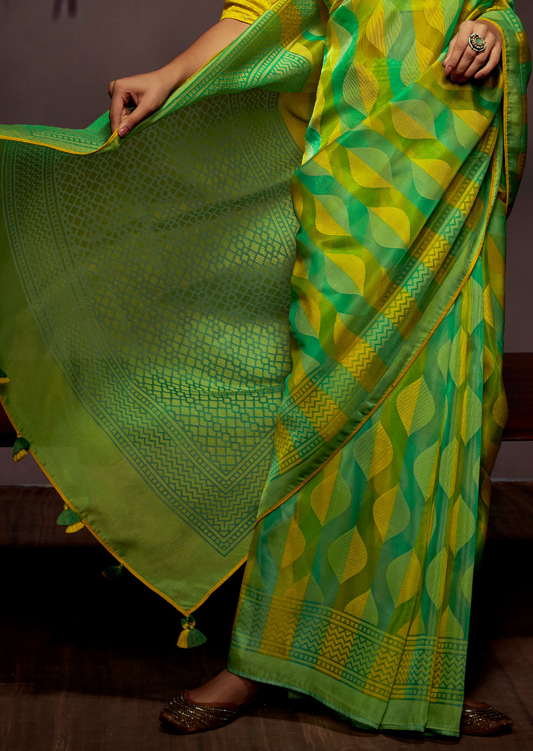 LIME GREEN AND YELLOW WOVEN PURE BRASSO CHIFFON SAREE WITH BROCADE BLOUSE