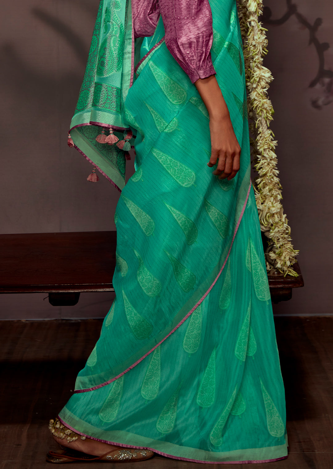 AQUA BLUE WOVEN PURE BRASSO CHIFFON SAREE WITH BROCADE BLOUSE