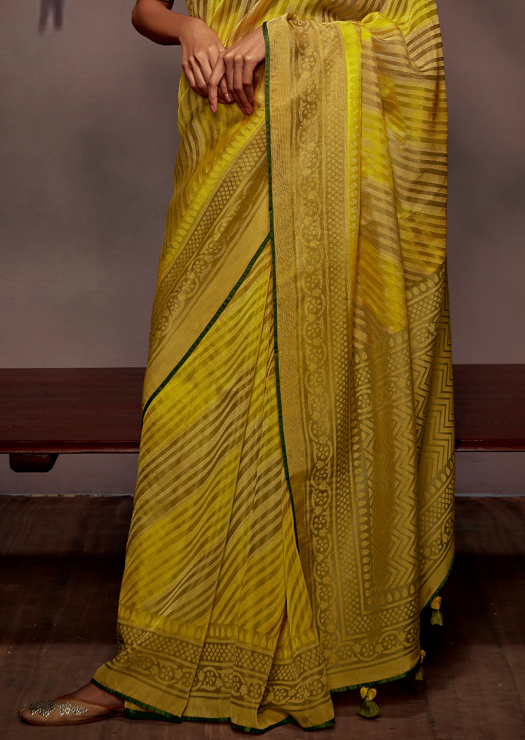 CANARY YELLOW WOVEN PURE BRASSO CHIFFON SAREE WITH BROCADE BLOUSE