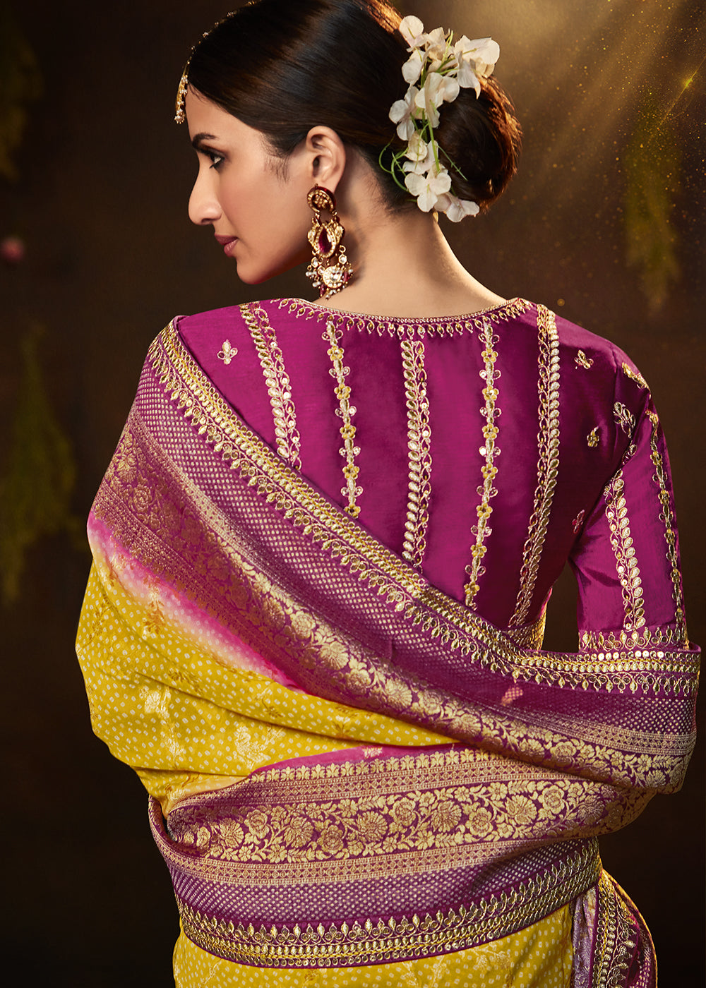 CANARY YELLOW WOVEN PURE GEORGETTE BANDHANI SAREE WITH BANARASI SILK BORDER & HEAVY EMBROIDERED BLOUSE