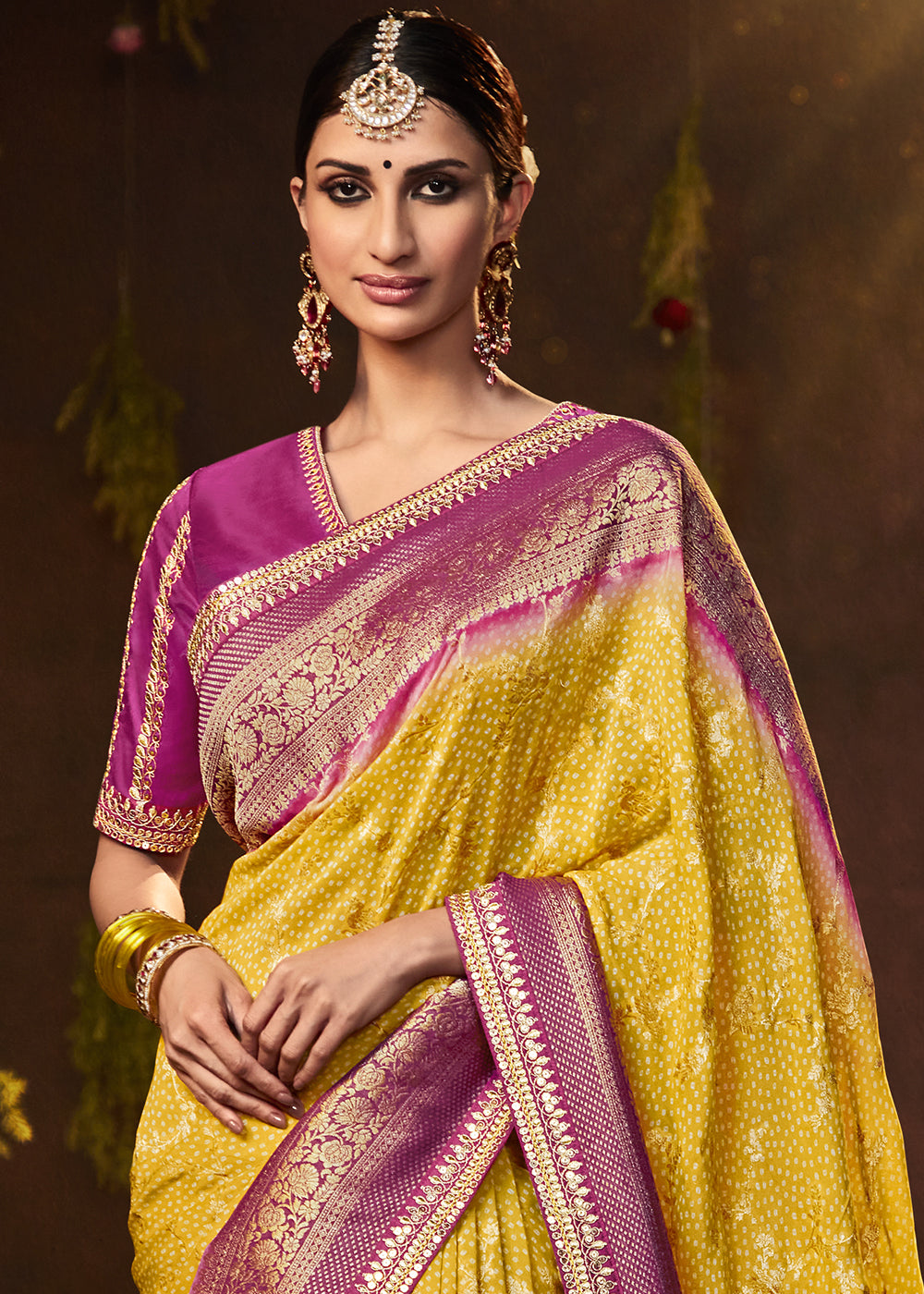 CANARY YELLOW WOVEN PURE GEORGETTE BANDHANI SAREE WITH BANARASI SILK BORDER & HEAVY EMBROIDERED BLOUSE