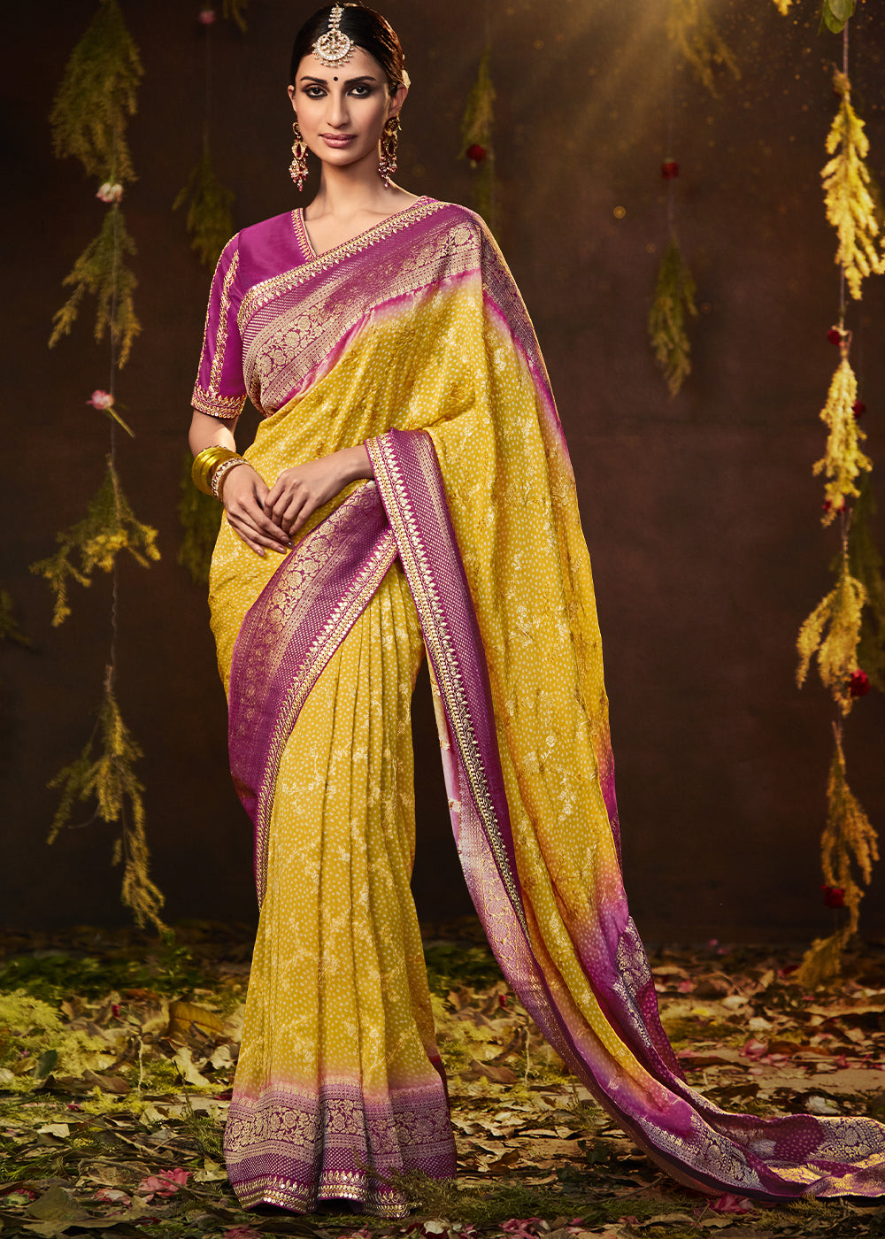 Elegant Yellow and Royal Blue Georgette Saree with Heavy Silk Blouse