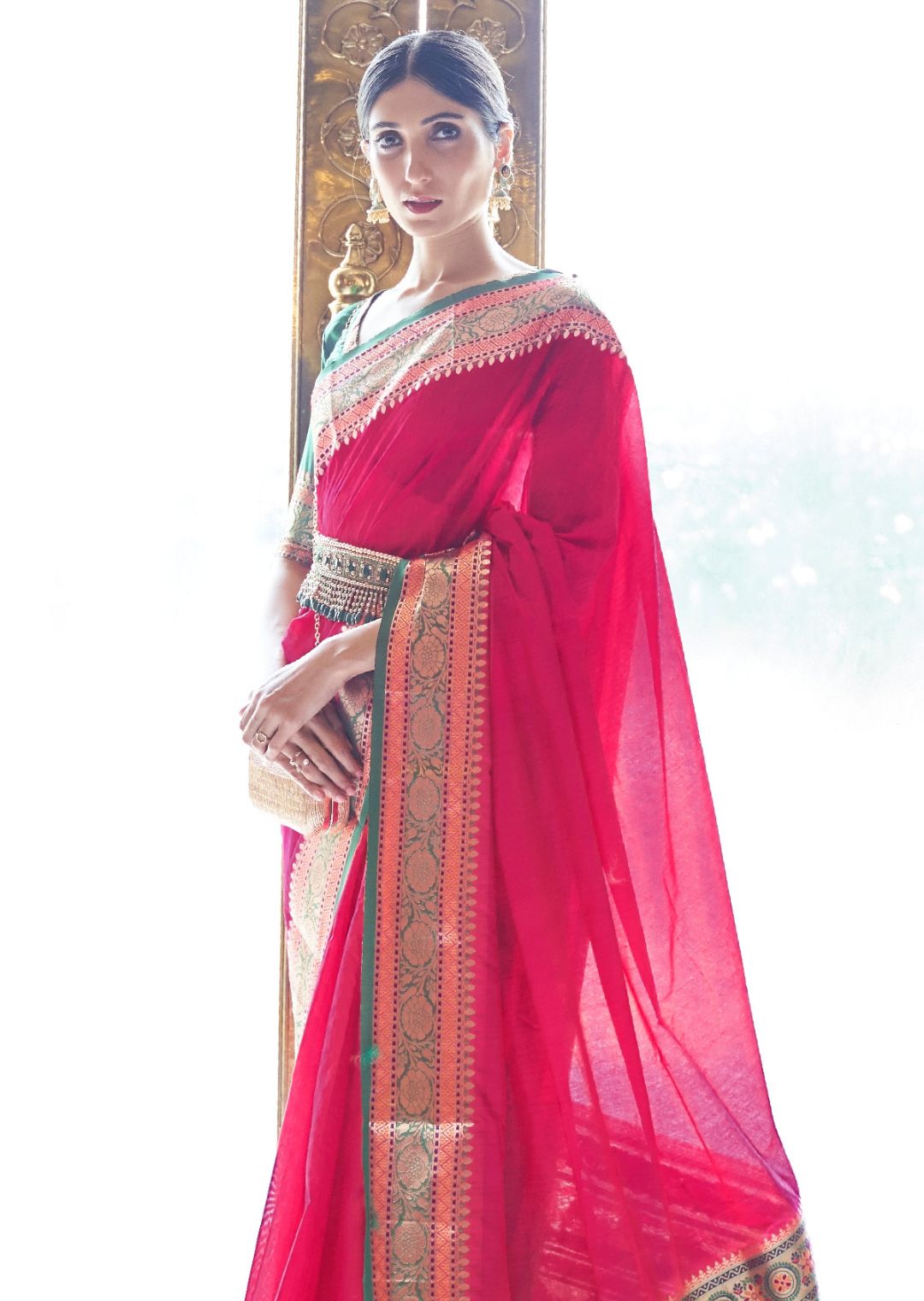 Crimson Red Woven Handloom Traditional Cotton Silk Saree