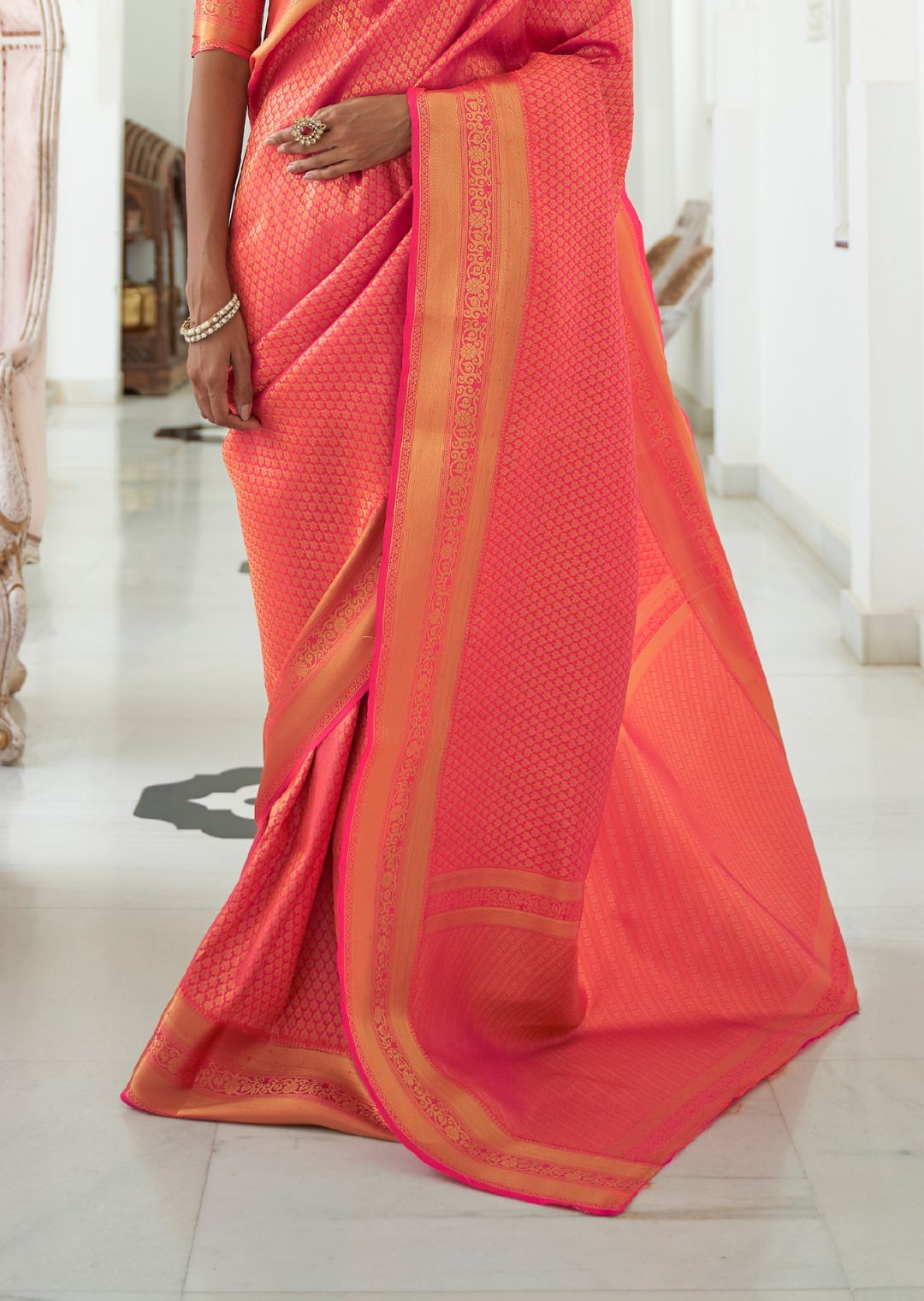 Coral Pink Hand Woven Kanjivaram Silk Saree