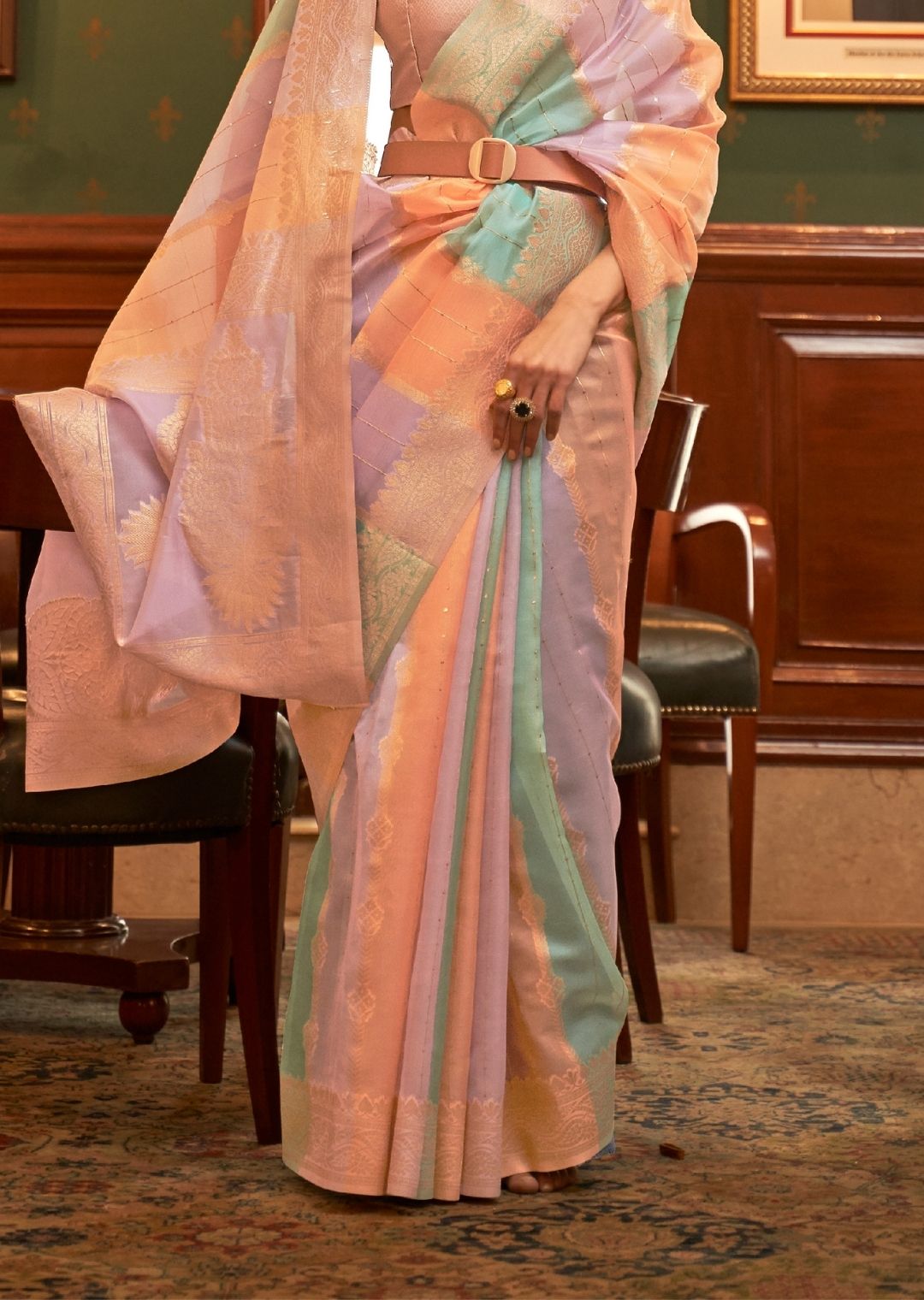 Lavender & Peach Zari Woven Pure Handloom Organza Silk Saree With Sequins Work