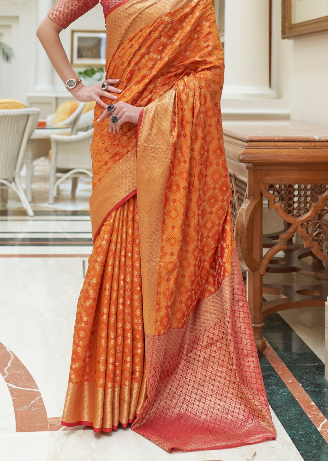 Mustard Yellow Zari Woven Traditional Patola Silk Saree With Self Brocade Blouse