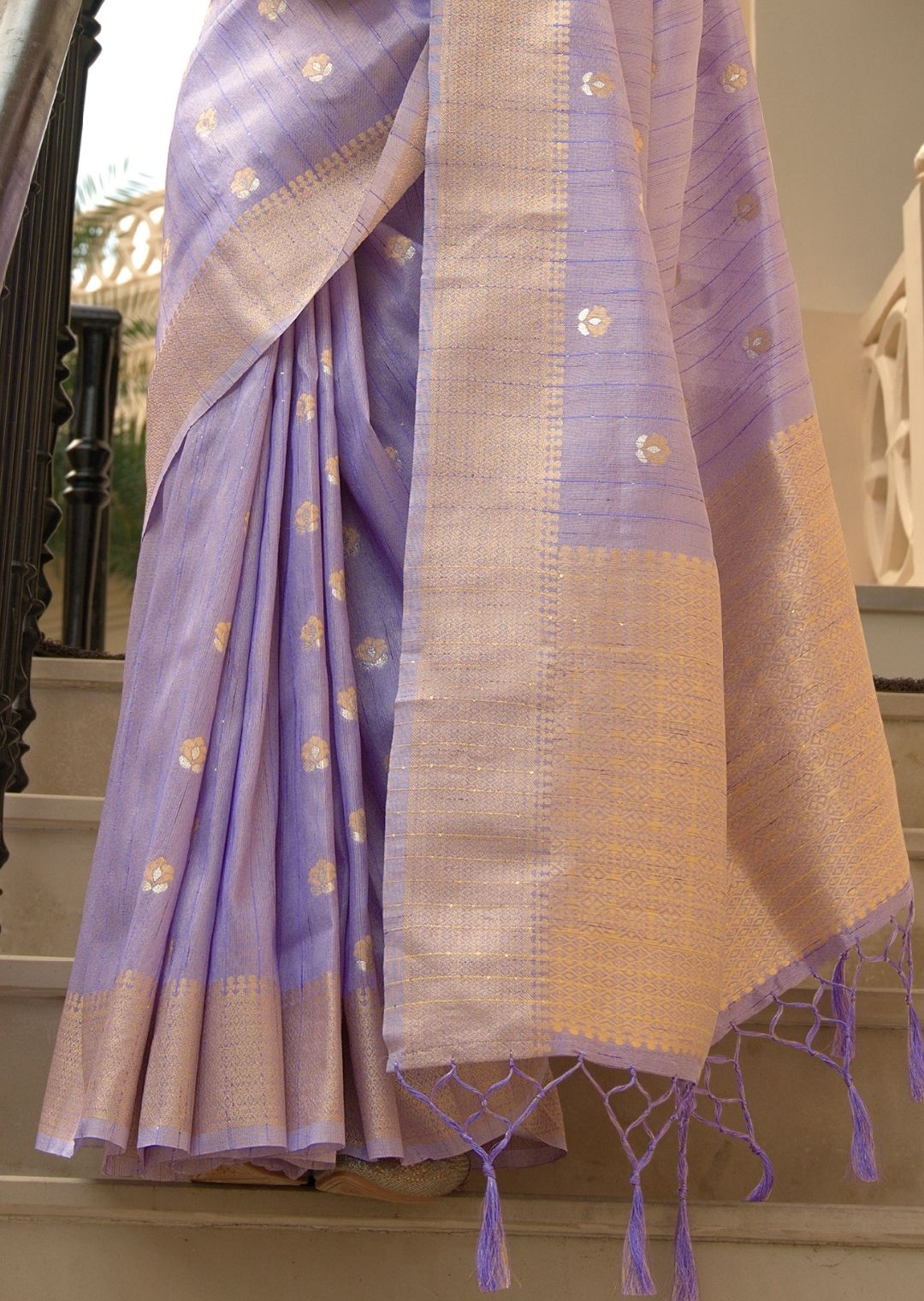 Lavender Purple Zari Woven Pure Handloom Linen Saree