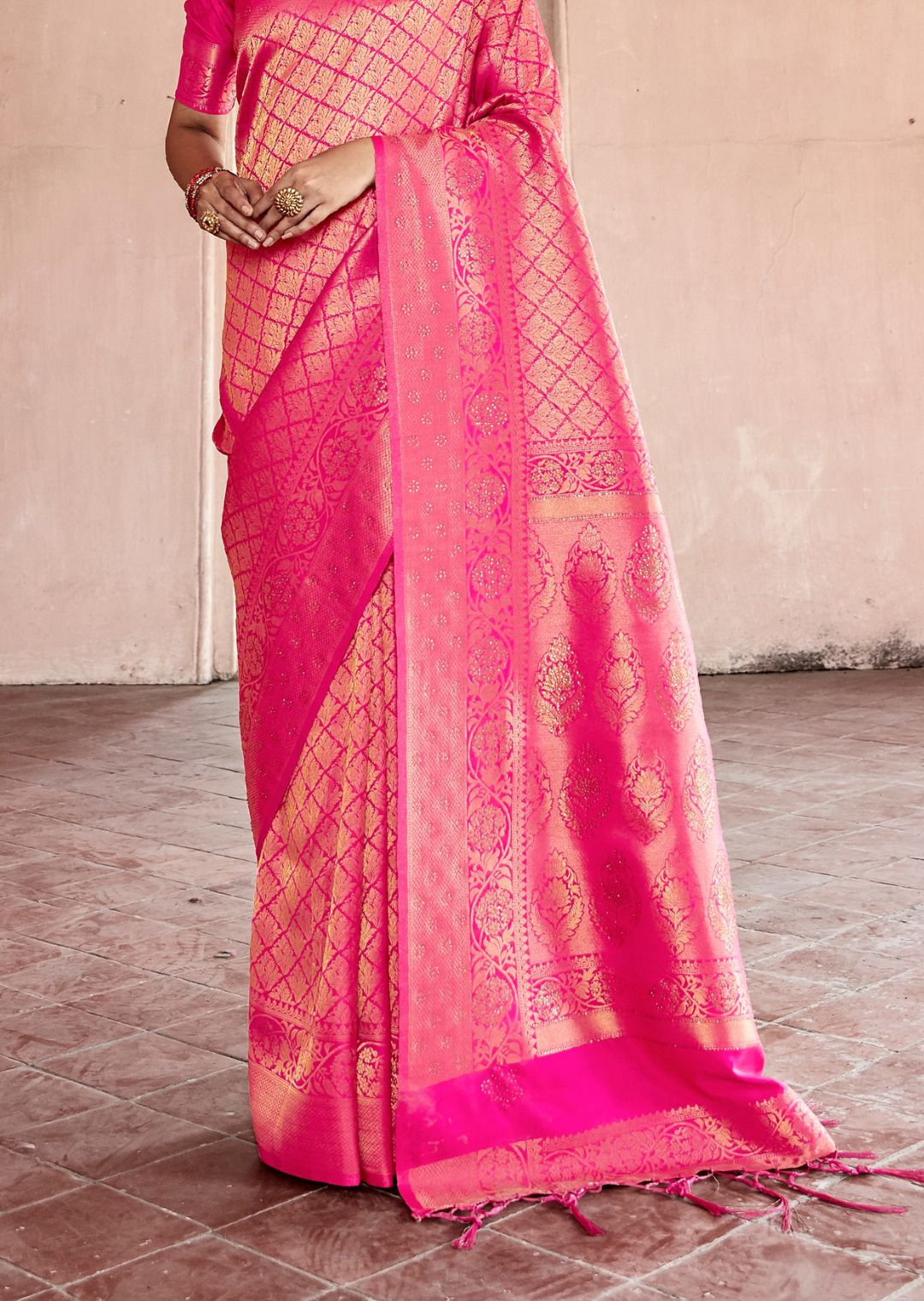 Hot Pink Swaroski Hand Woven Kanjivaram Silk Saree