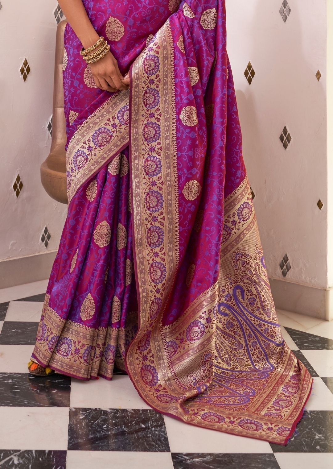 Magenta Purple Woven Pure Satin Banarasi Silk Saree